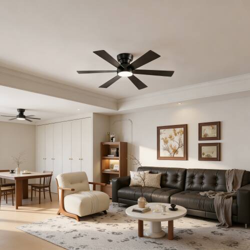 Alt View 2. LUCKY ONE - 46" Flush Mount Ceiling Fan with Light Remote 6 Plywood Blades DC Motor - Matte Black.