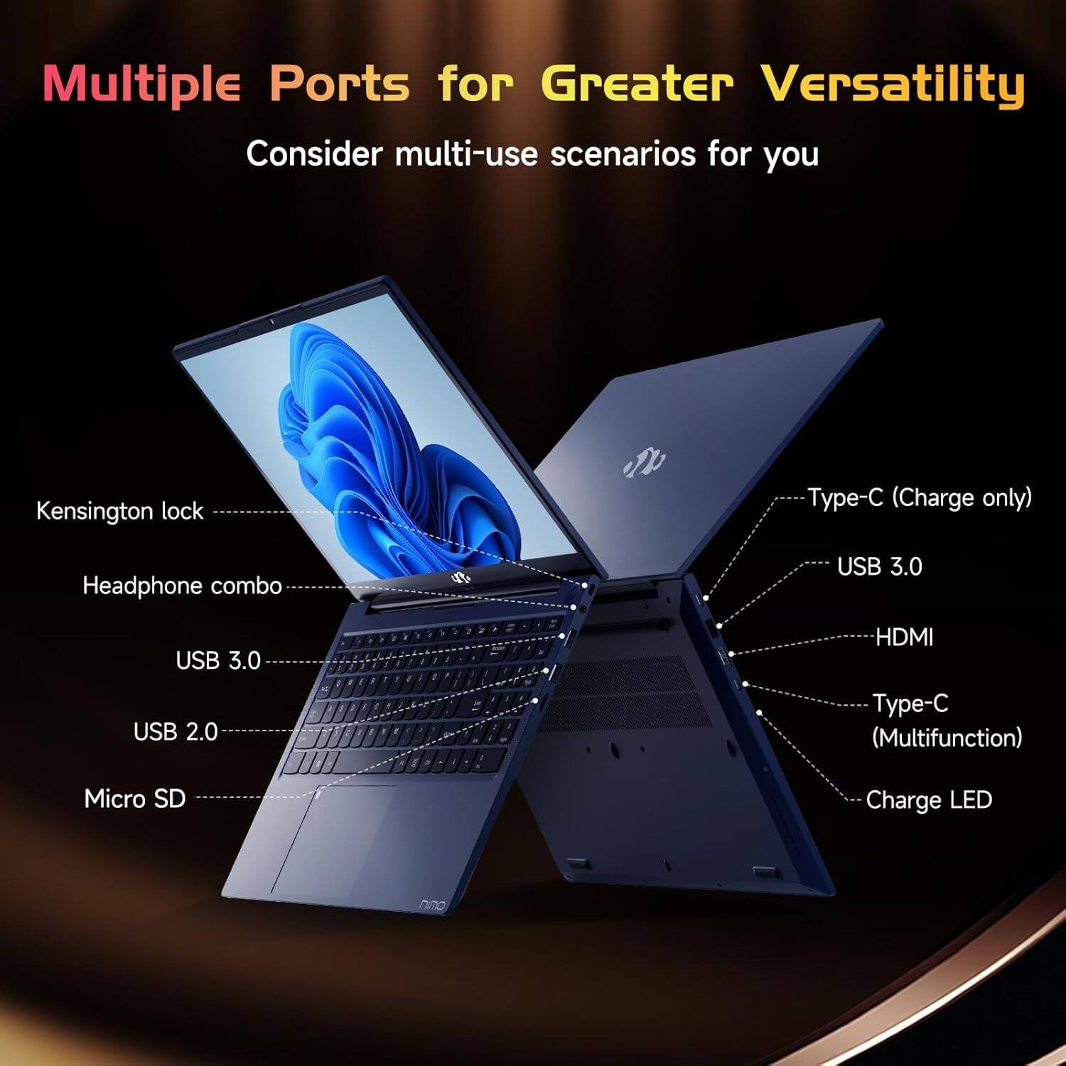 Multiple Ports for Greater Versatility  
Consider multi-use scenarios for you  

- Kensington lock  
- Headphone combo  
- USB 3.0  
- USB 2.0  
- Micro SD  
- Type-C (Charge only)  
- USB 3.0  
- HDMI  
- Type-C (Multifunction)  
- Charge LED