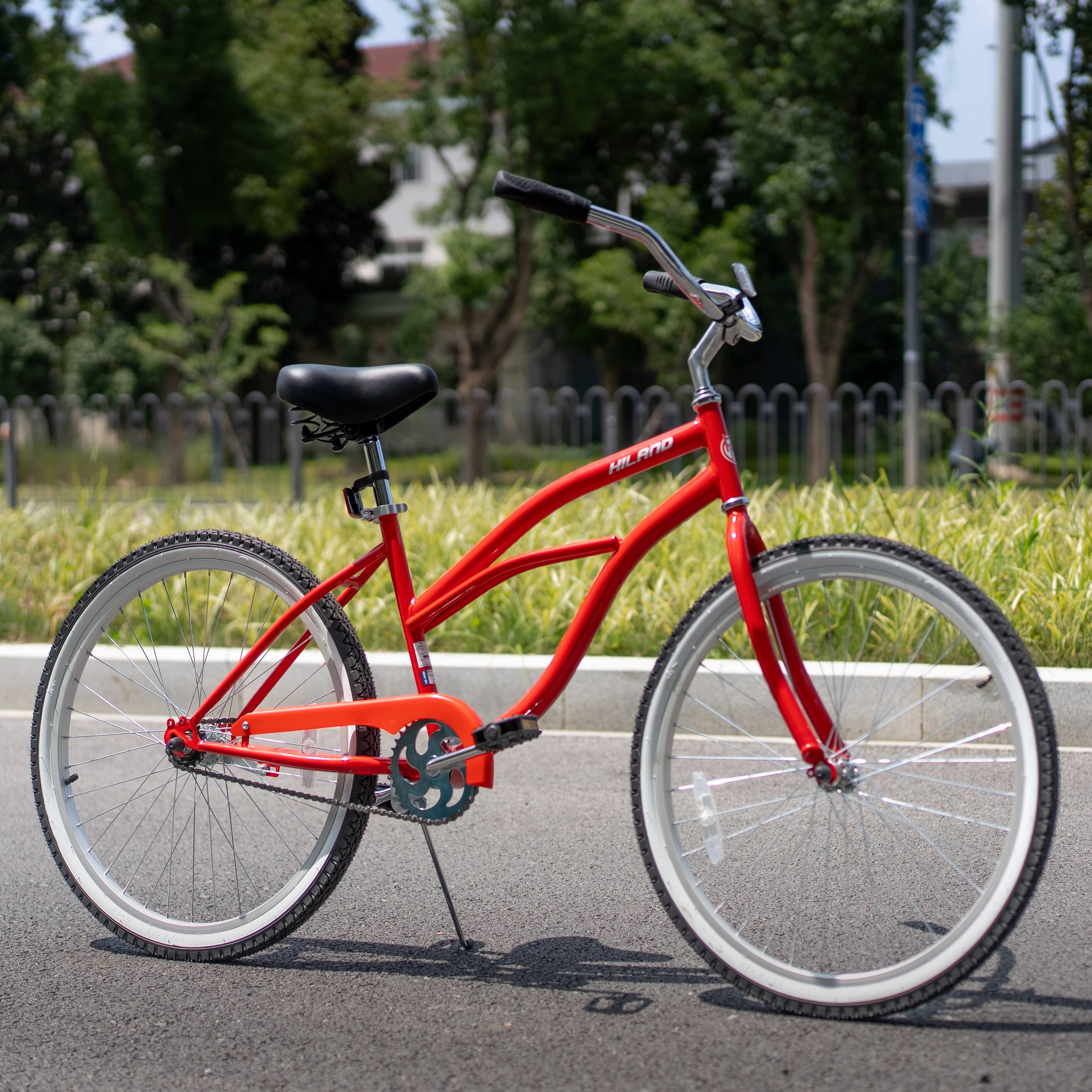 Angle. HILAND - HILAND Jade 26 Inch Adult Beach Cruiser Bike for Men Women, Steel Frame, Commuter Bicycle with Single Speed, Red - red.