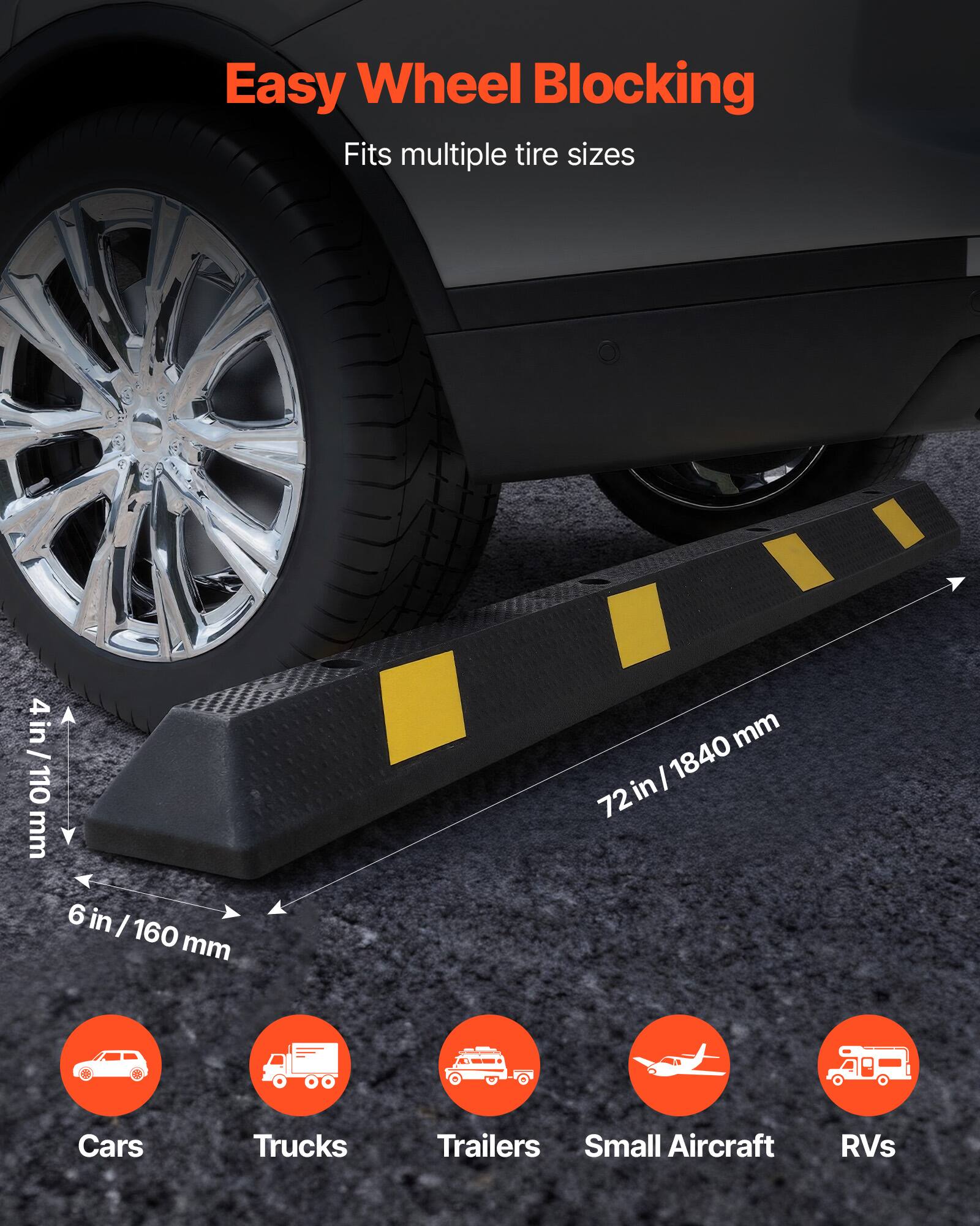 Easy Wheel Blocking  
Fits multiple tire sizes  
4 in / 110 mm  
6 in / 160 mm  
72 in / 1840 mm  
Cars Trucks Trailers Small Aircraft RVs
