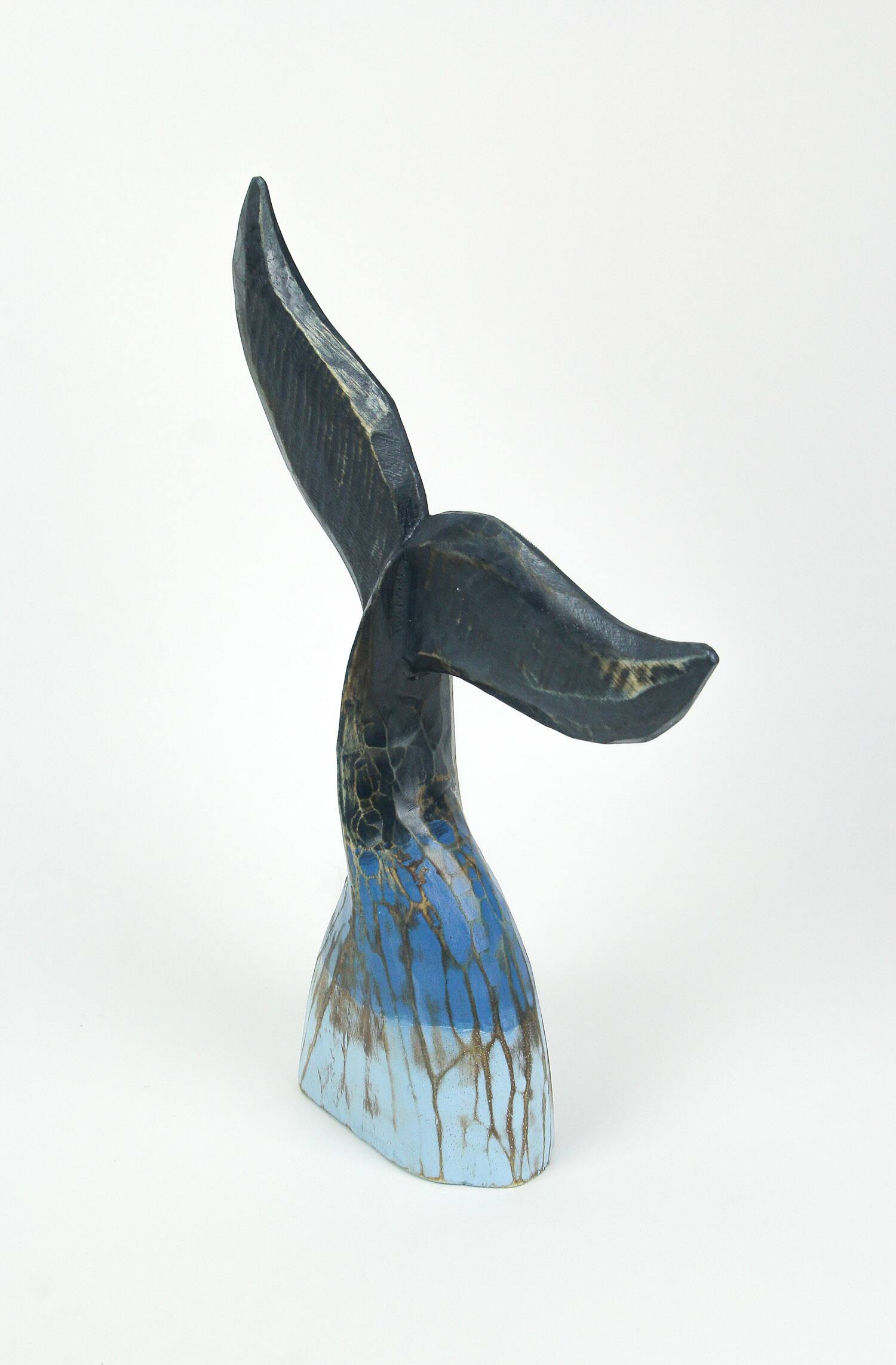 Alt View 1. Chesapeake Bay - Coastal Blue Carved Wooden Whale Tail Tabletop Statue 16 Inches High - Blue.