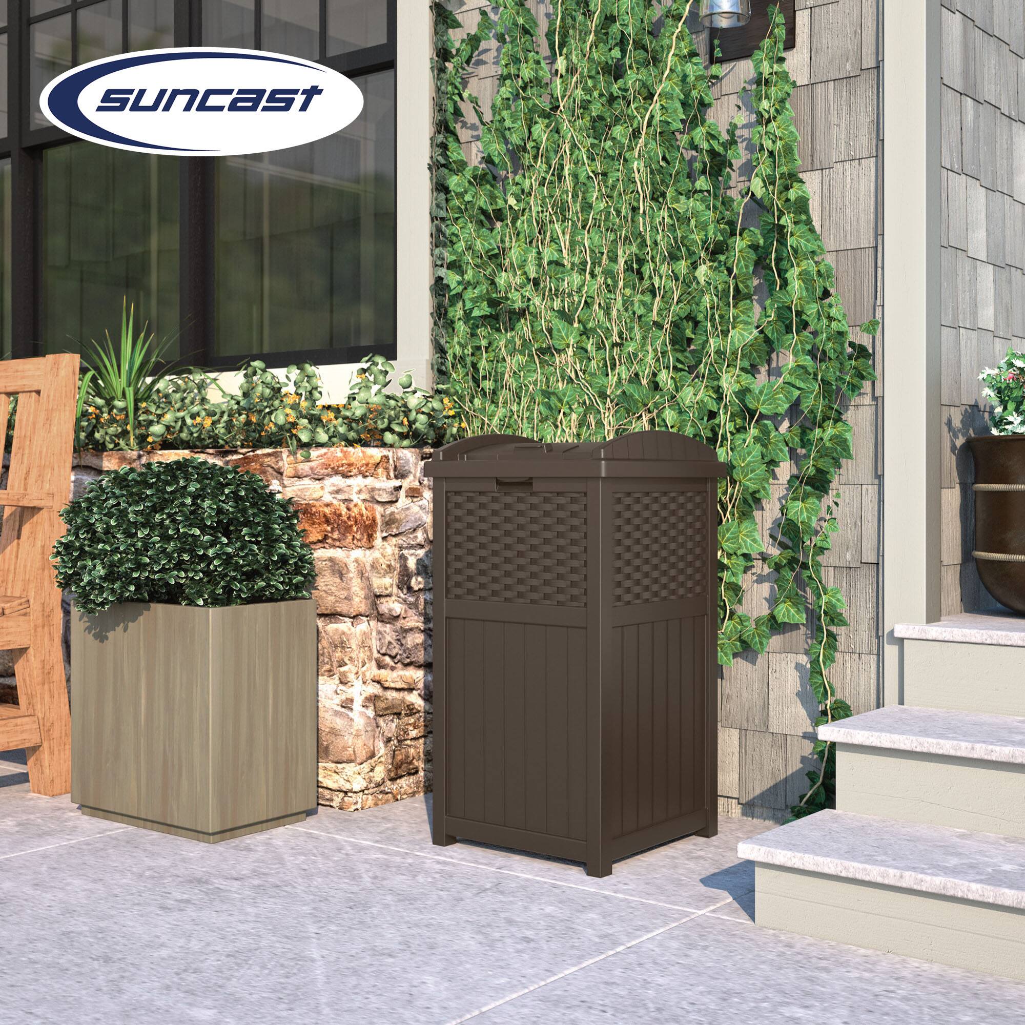 Alt View 5. Suncast - Suncast Trashcan Hideaway Outdoor 33 Gallon Garbage Waste Bin, Brown (2 Pack) - Brown.