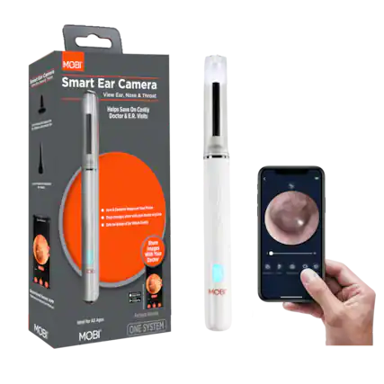 MOBI Ear Camera Smart Trat - Smart Ear - Camera View Ear, Nose & Throat - Helps Save On Costly Doctor & E.R. Visits - Images a Tour mone Savt! Compare shan with your doctor anytime Track changes, tr Babien i te Whole Fumily Sare Share Images With Your Doctor B 5 - - 13 - - - Downioed Smart ASP Ranul BI Ideal for All Ages MOBI - - Package Includes ONE SYSTEM