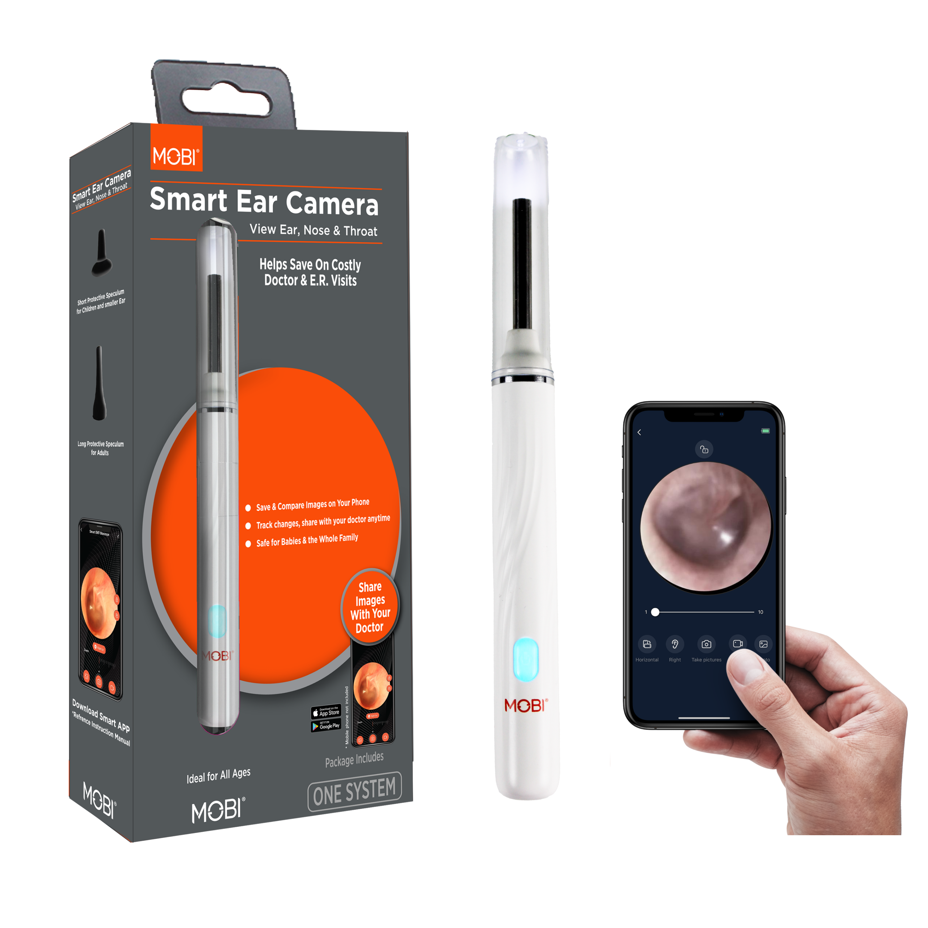 MOBI Ear Camera Smart Trat - Smart Ear - Camera View Ear, Nose & Throat - Helps Save On Costly Doctor & E.R. Visits - Images a Tour mone Savt! Compare shan with your doctor anytime Track changes, tr Babien i te Whole Fumily Sare Share Images With Your Doctor B 5 - - 13 - - - Downioed Smart ASP Ranul BI Ideal for All Ages MOBI - - Package Includes ONE SYSTEM