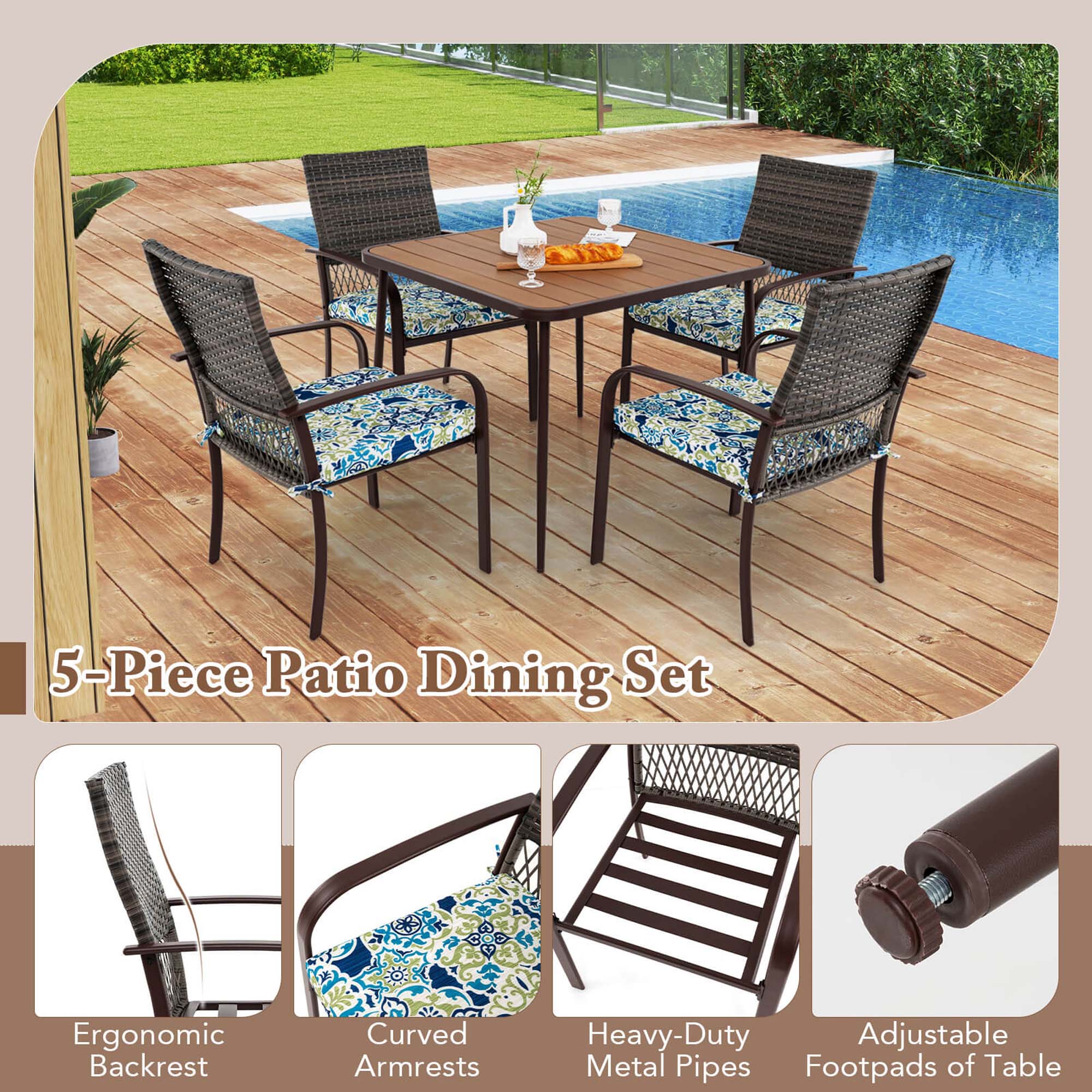 5-Piece Patio Dining Set

Ergonomic Backrest
Curved Armrests
Heavy-Duty Adjustable Metal Pipes
Footpads of Table