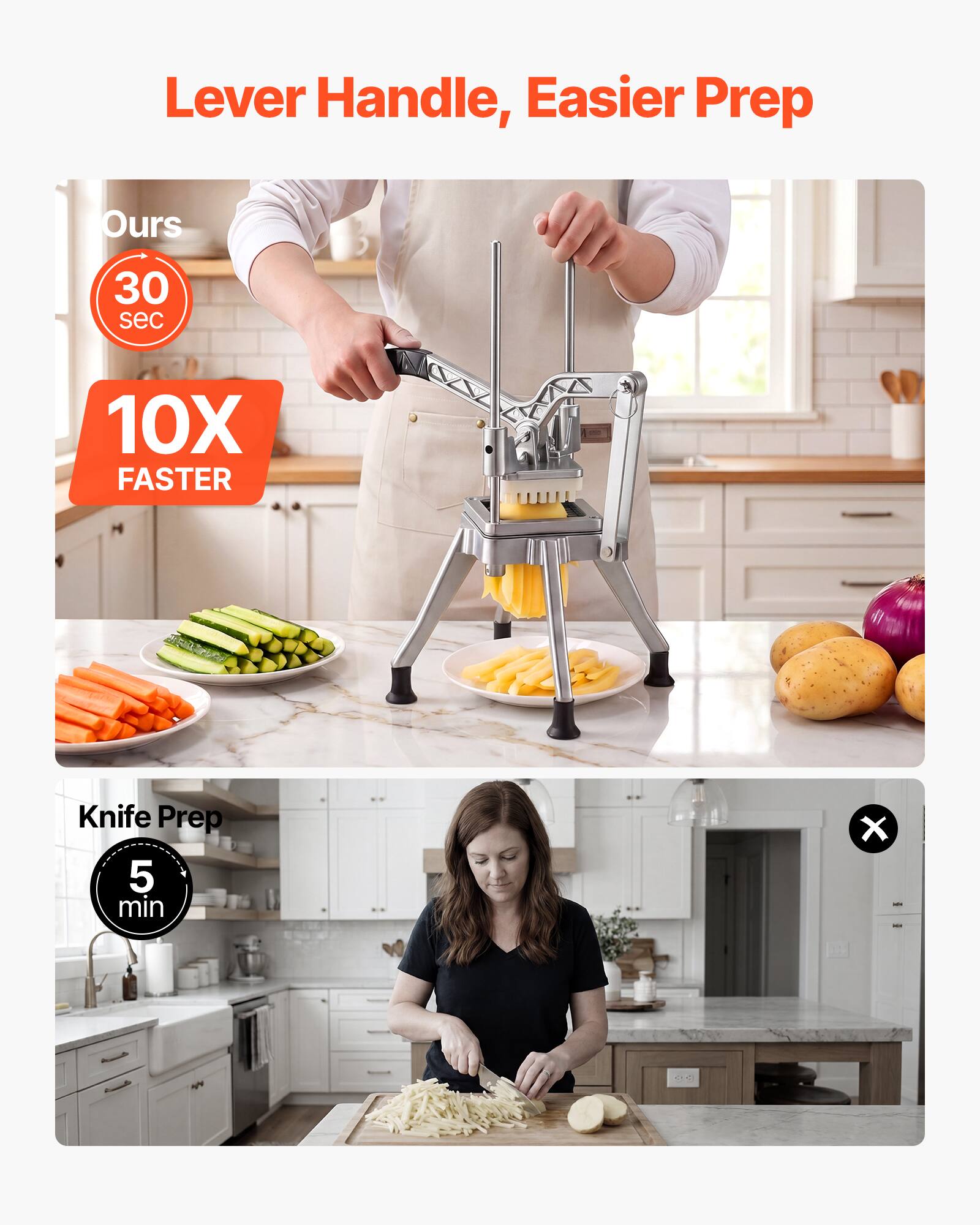 Lever Handle, Easier Prep

Ours
30 sec
10X FASTER

Knife Prep
5 min
