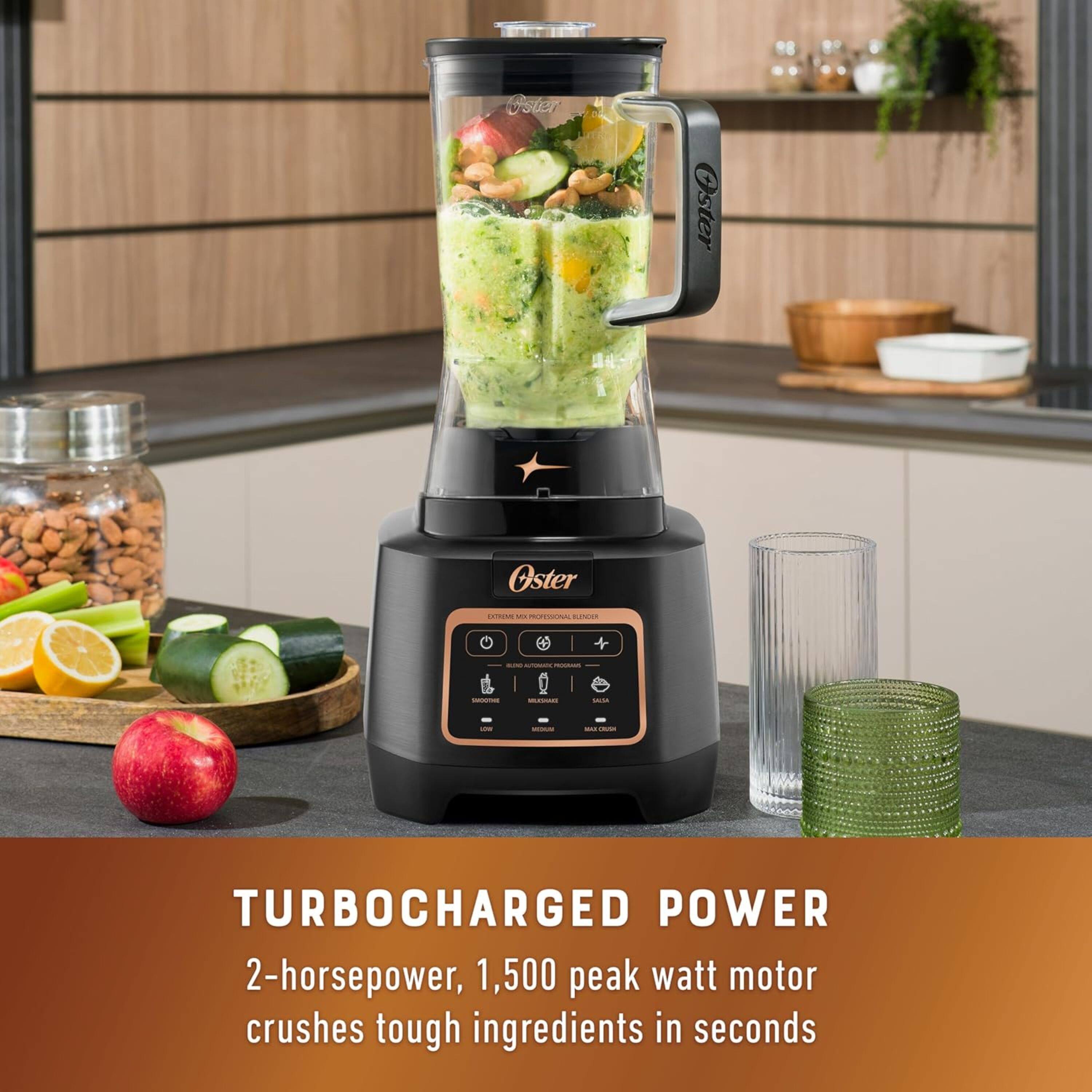 Turbocharged Power: 2-horsepower, 1,500 peak watt motor crushes tough ingredients in seconds.