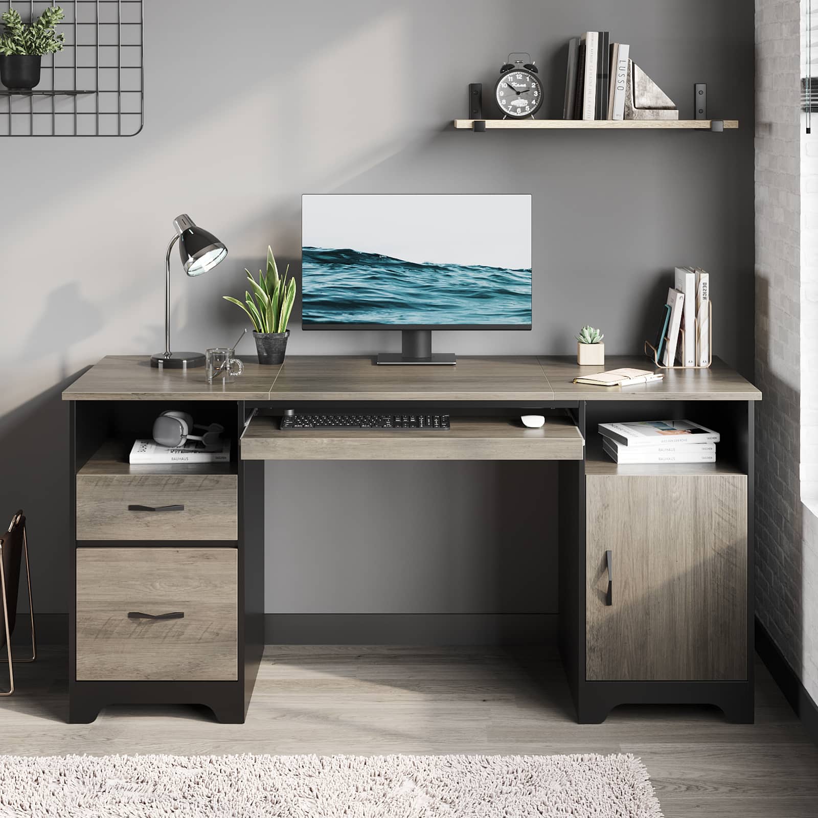 Front. Bestier - 59inch Executive Desk with File Drawer Storage Drawers and Cabinet Computer Desk - Gray.