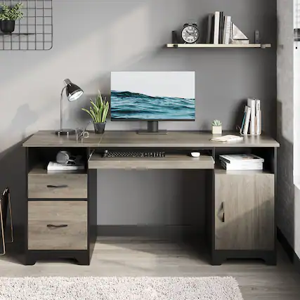 Front. Bestier - 59inch Executive Desk with File Drawer Storage Drawers and Cabinet Computer Desk - Gray.