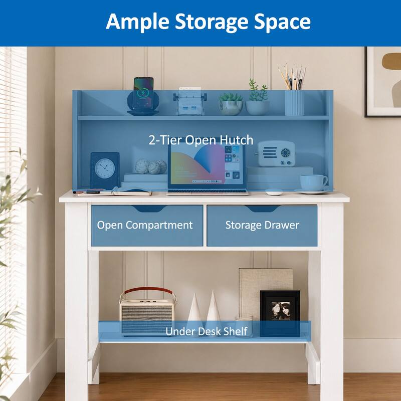 Ample Storage Space  
2-Tier Open Hutch  
Open Compartment Storage Drawer  
Under Desk Shelf