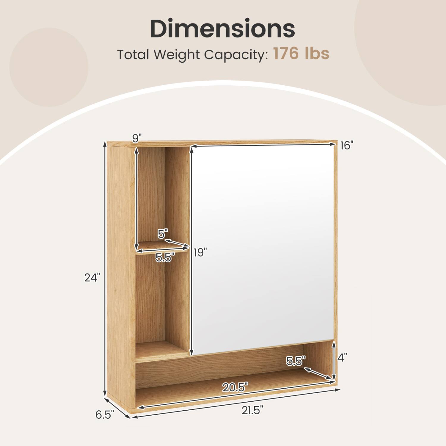 Dimensions  
Total Weight Capacity: 176 lbs

9"  
16"  
24"  
5"  
5.5"  
19"  
5.5"  
4"  
20.5"  
6.5"  
21.5"
