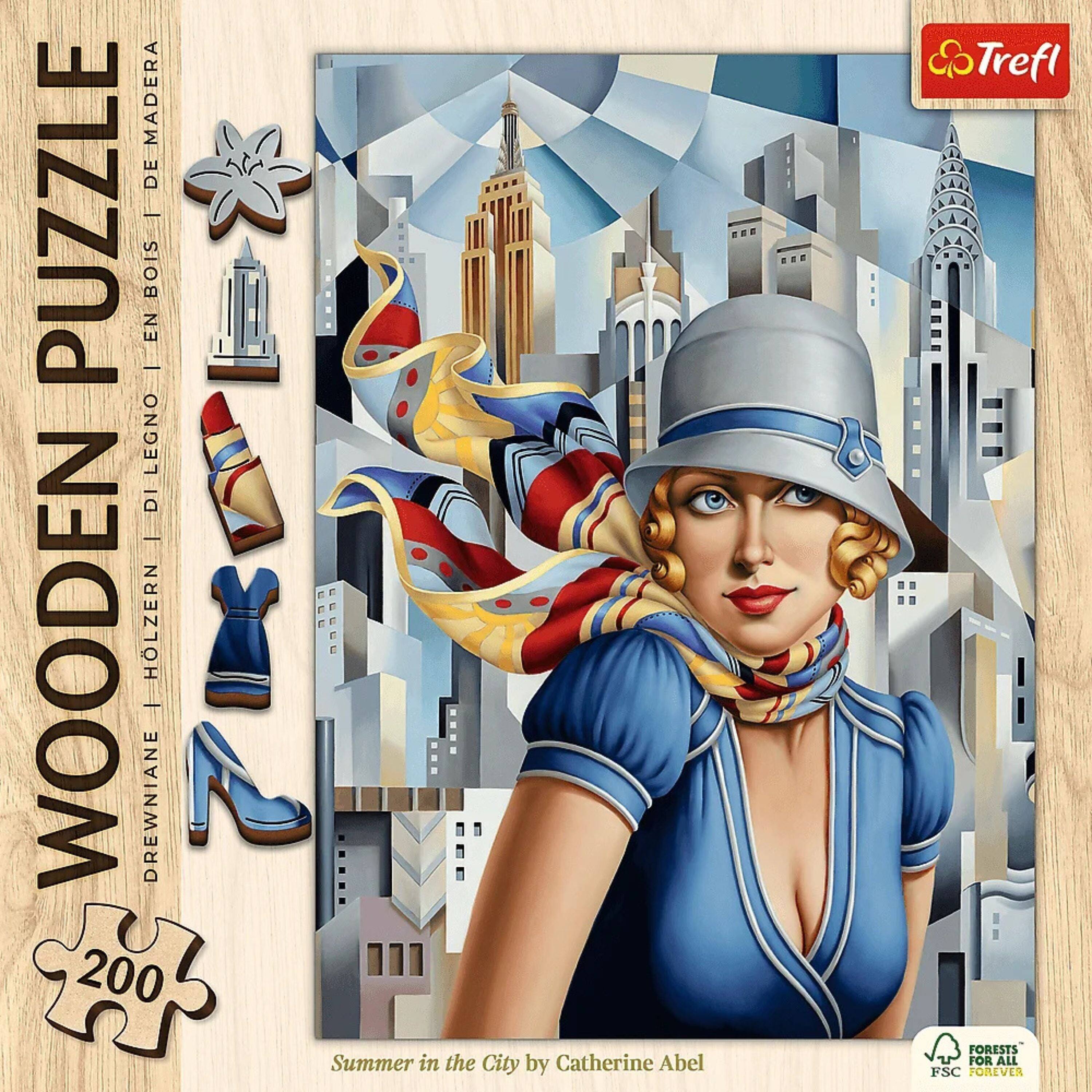 WOODEN PUZZLE  
DREWNIAŃE | HOLZERN | WOODEN | BOIS EN | LEGNO | DE MADERA  

200  

Summer in the City by Catherine Abel  

FORESTS FOR ALL FSC FOREVER  

Trefl