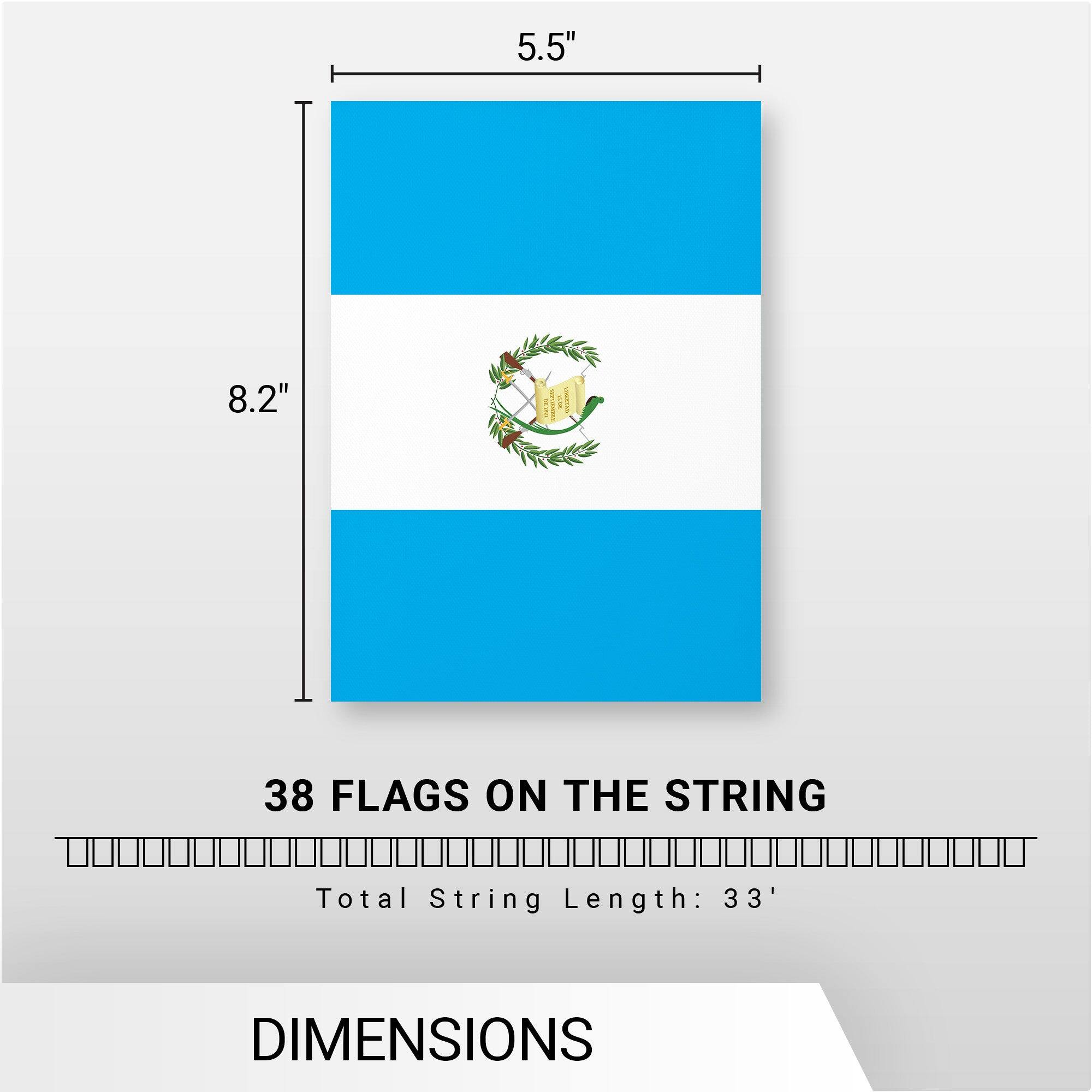 5.5" x 8.2"  
38 FLAGS ON THE STRING  
Total String Length: 33'  
DIMENSIONS