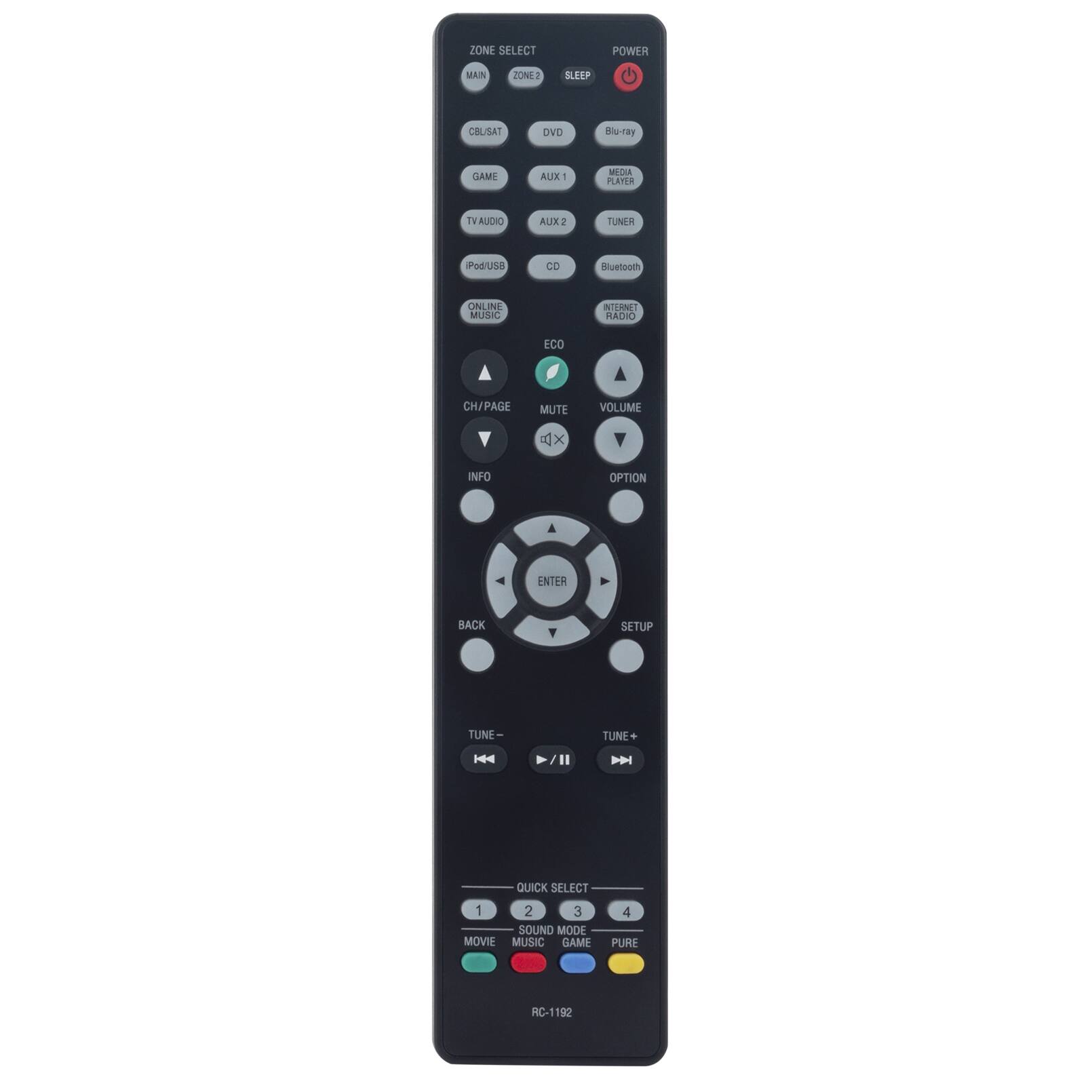 ZONE SELECT  
MAIN ZONE 2  
POWER  
SLEEP  
DVD  
Blu-ray  
AUX 1  
MEDIA PLAYER  
AUX 2  
TUNER  
CBL/SAT  
CD  
Bluetooth  
GAME  
INTERNET RADIO  
TV AUDIO  
ECO  
MUTE  
VOLUME  
OPTION  
CH/PAGE  
INFO  
ENTER  
BACK  
TUNE-  
TUNE+  
QUICK SELECT  
1  
MOVIE  
2  
SOUND MODE  
3  
GAME  
4  
PURE  
RC-1192