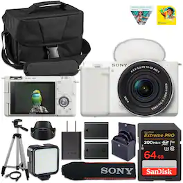 Bundle - Sony - ZV-E10 Camera with 16-50mm Lens, LED Light, Battery, 64GB Card & Case - White