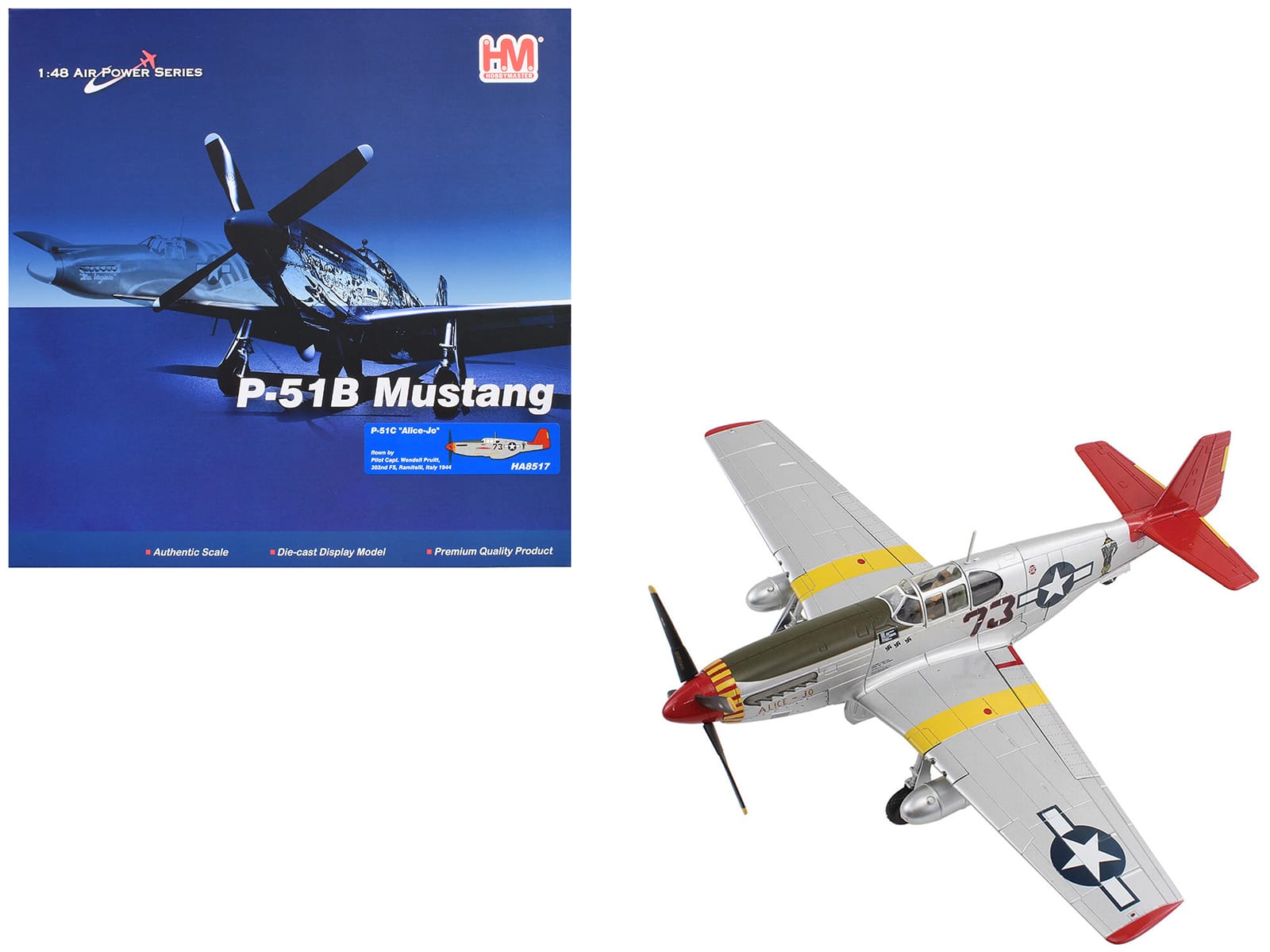 Hobby Master - North American P-51C Mustang "Alice-Jo Capt. Wendell Pruitt 302nd FS Italy 1945" USAAF 1/48 Diecast Model - Multicolor