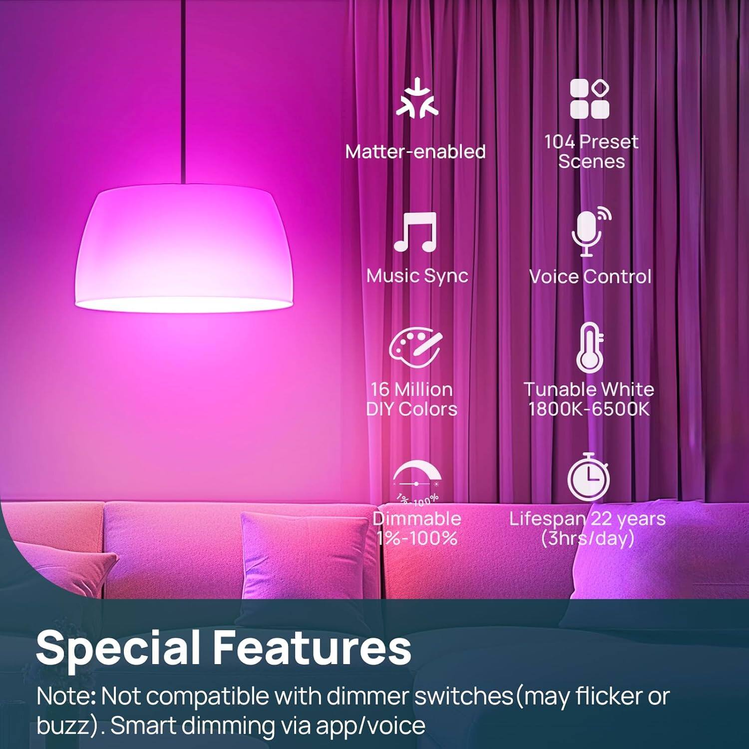 Matter-enabled  
104 Preset Scenes  
Music Sync  
Voice Control  
16 Million DIY Colors  
Tunable White 1800K-6500K  
Dimmable 1%-100%  
Lifespan 22 years (3hrs/day)  

Special Features  
Note: Not compatible with dimmer switches (may flicker or buzz). Smart dimming via app/voice