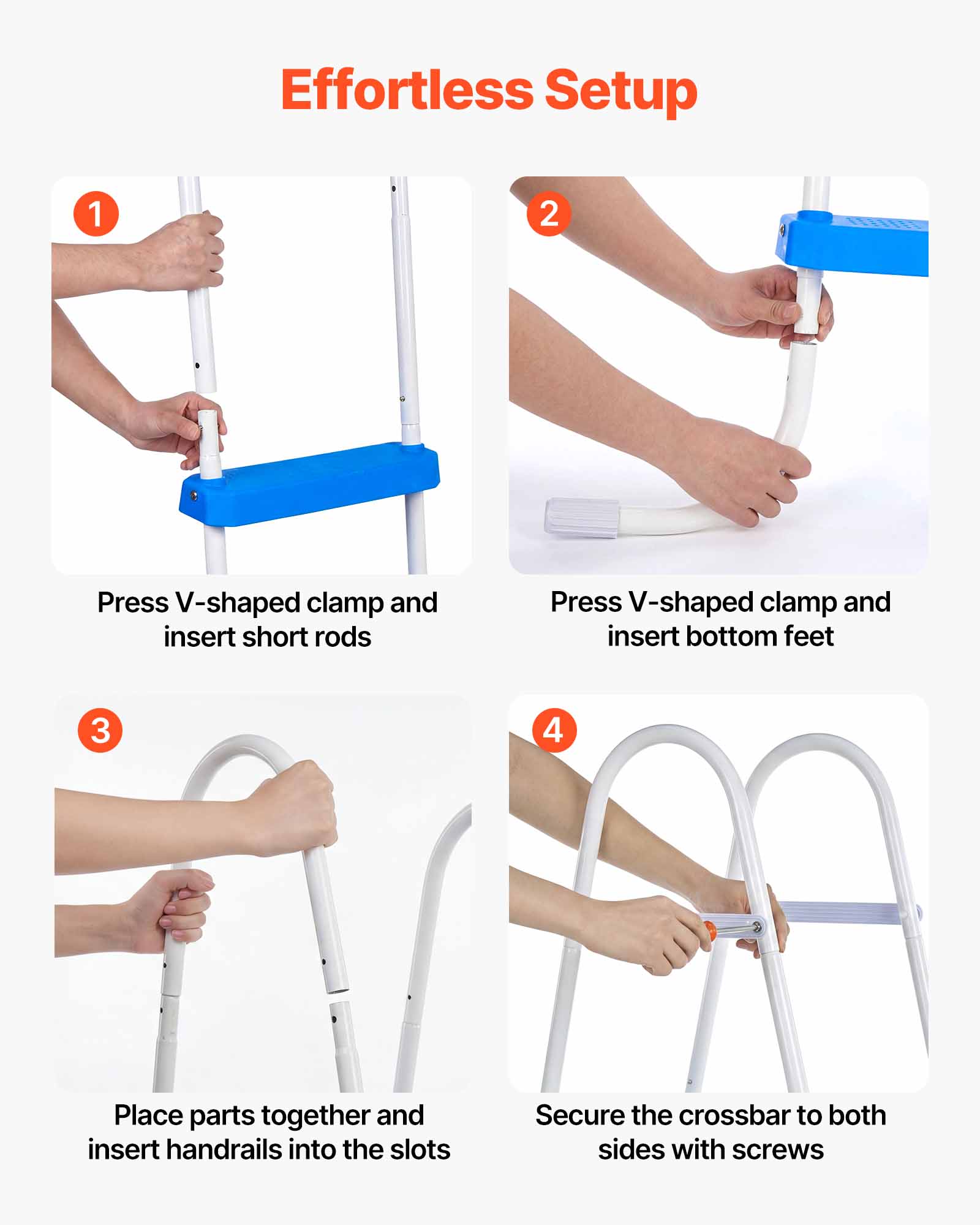 Effortless Setup

1. Press V-shaped clamp and insert short rods
2. Press V-shaped clamp and insert bottom feet
3. Place parts together and insert handrails into the slots
4. Secure the crossbar to both sides with screws