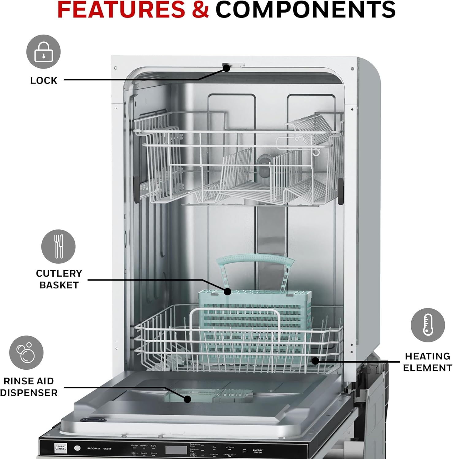 FEATURES & COMPONENTS

- LOCK
- CUTLERY BASKET
- RINSE AID DISPENSER
- HEATING ELEMENT