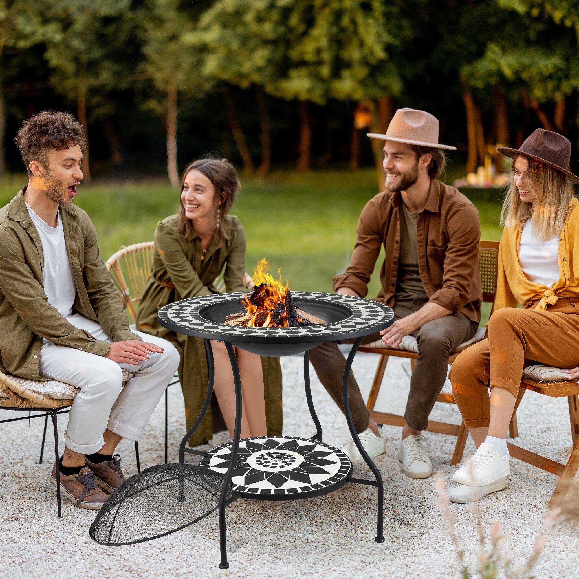 Alt View 1. Outsunny - 30" Outdoor Fire Pit Dining Table, 3-in-1 Round Wood Burning Fire Pit Bowl, Patio Ice Bucket with Storage Shelf - Black, White.