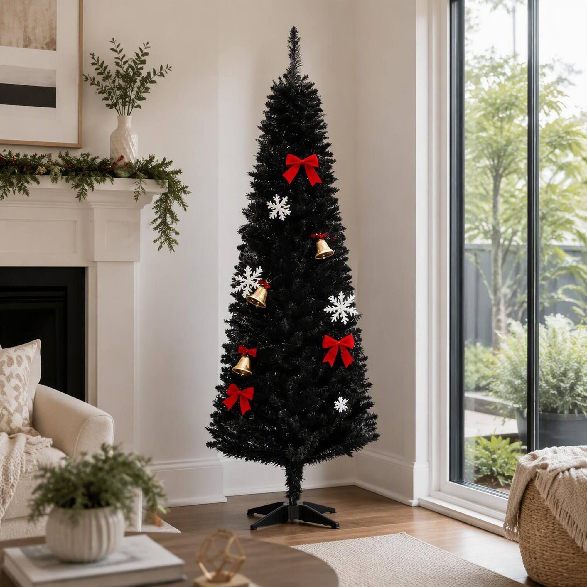 Back. RYHNUYNE - Slim Artificial Christmas Tree With Realistic Branch Tips, Plastic Stand Hinged Design Easy Setup Holiday Decor - Black.