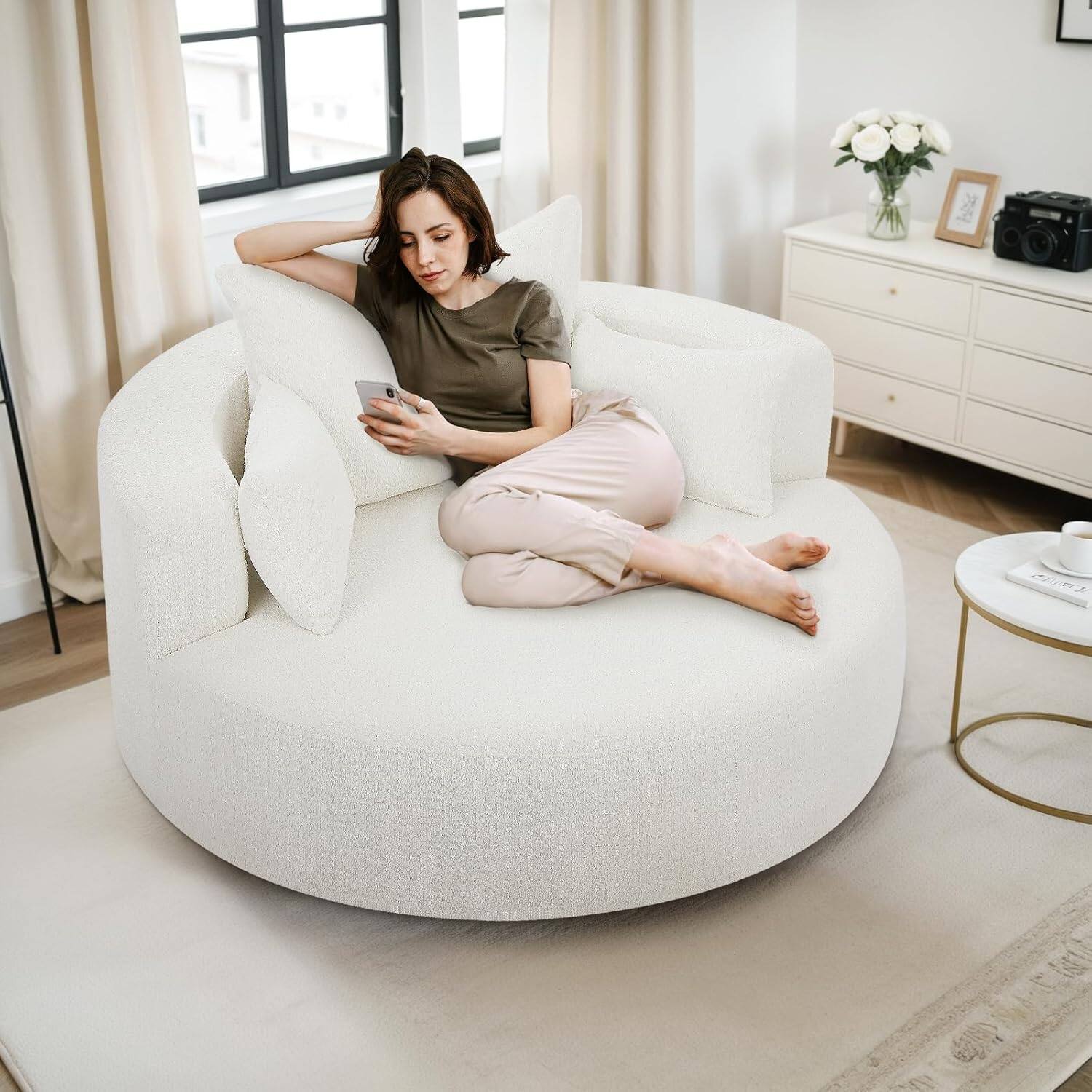 Alt View 2. Trinkets Crazed - Oversized Round Swivel Barrel Chair, Large Upholstered Accent Sofa Chair with 3 Pillow - beige.
