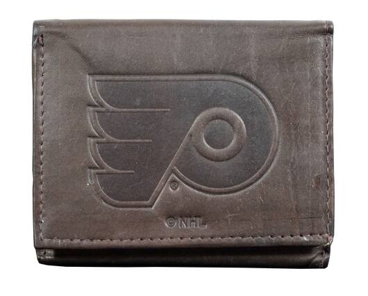 Front. Rico Industries - Philadelphia Flyers - Distressed Look - Embossed Logo Dark Brown Leather Trifold Wallet - Multi.
