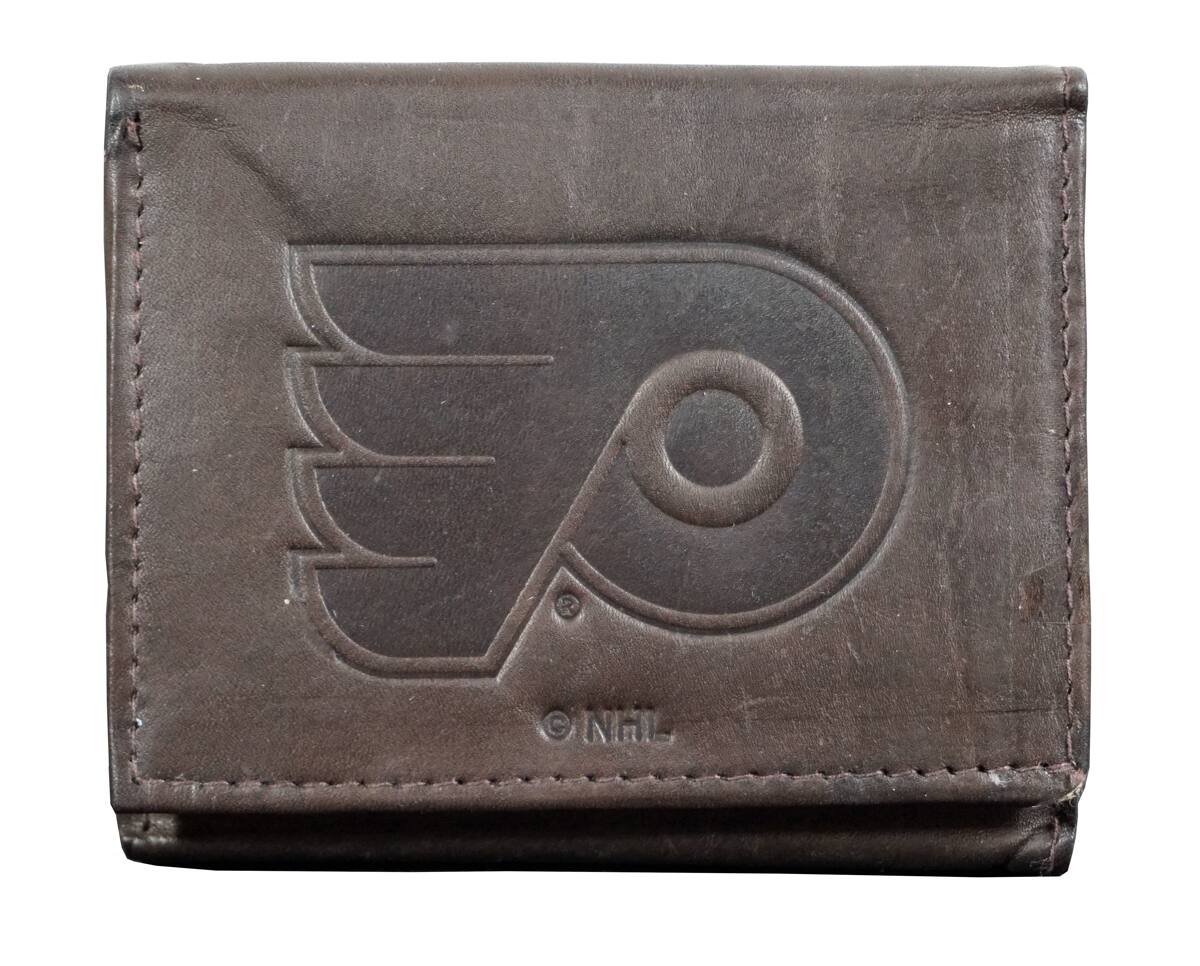 Front. Rico Industries - Philadelphia Flyers - Distressed Look - Embossed Logo Dark Brown Leather Trifold Wallet - Multi.