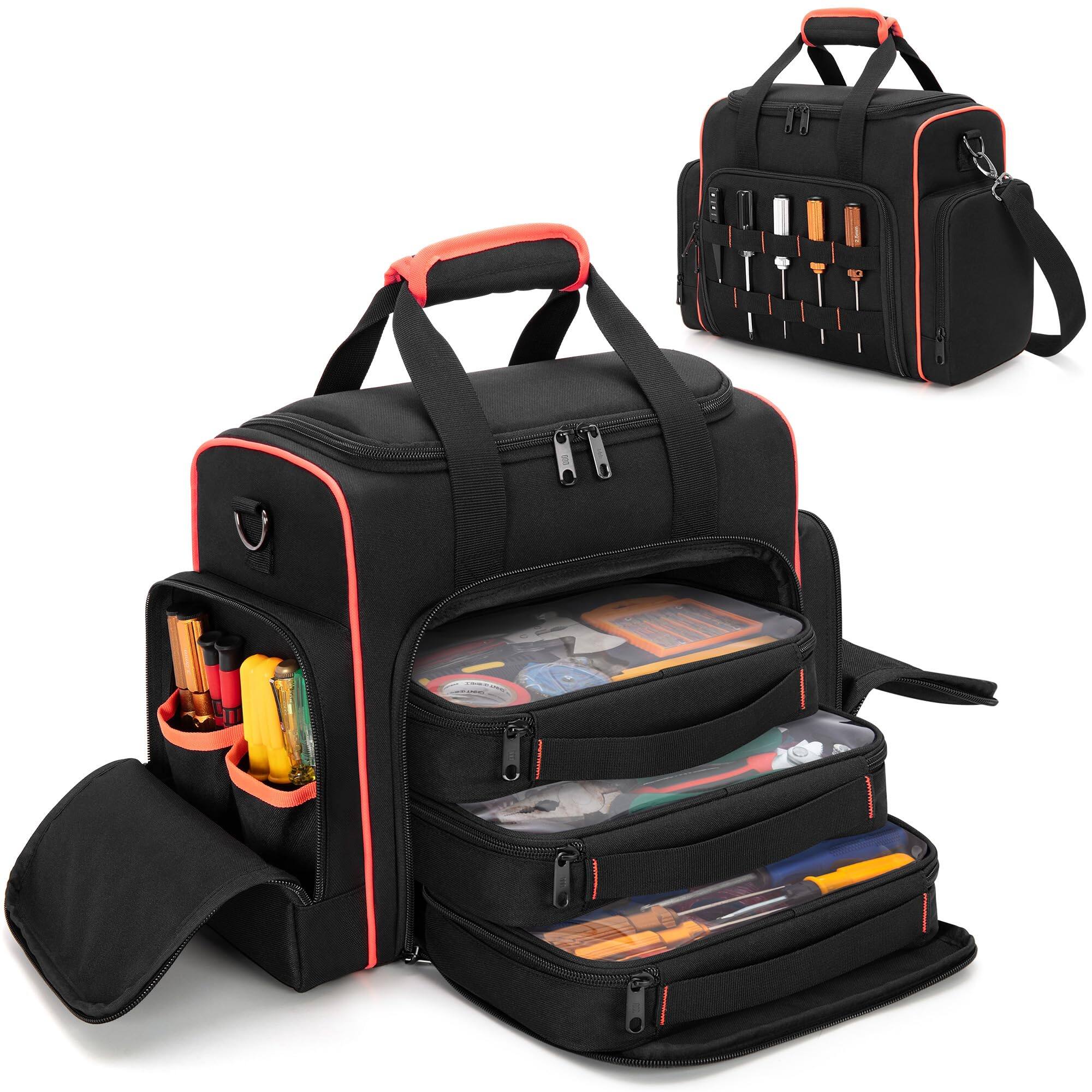 Fabibe - Tool Bag With 3 Removable Cases 2 Layers Tote For Hand Tools Black Red Binding - HEAVY DUTY FABRIC Made of heavy duty - Black with Red Binding