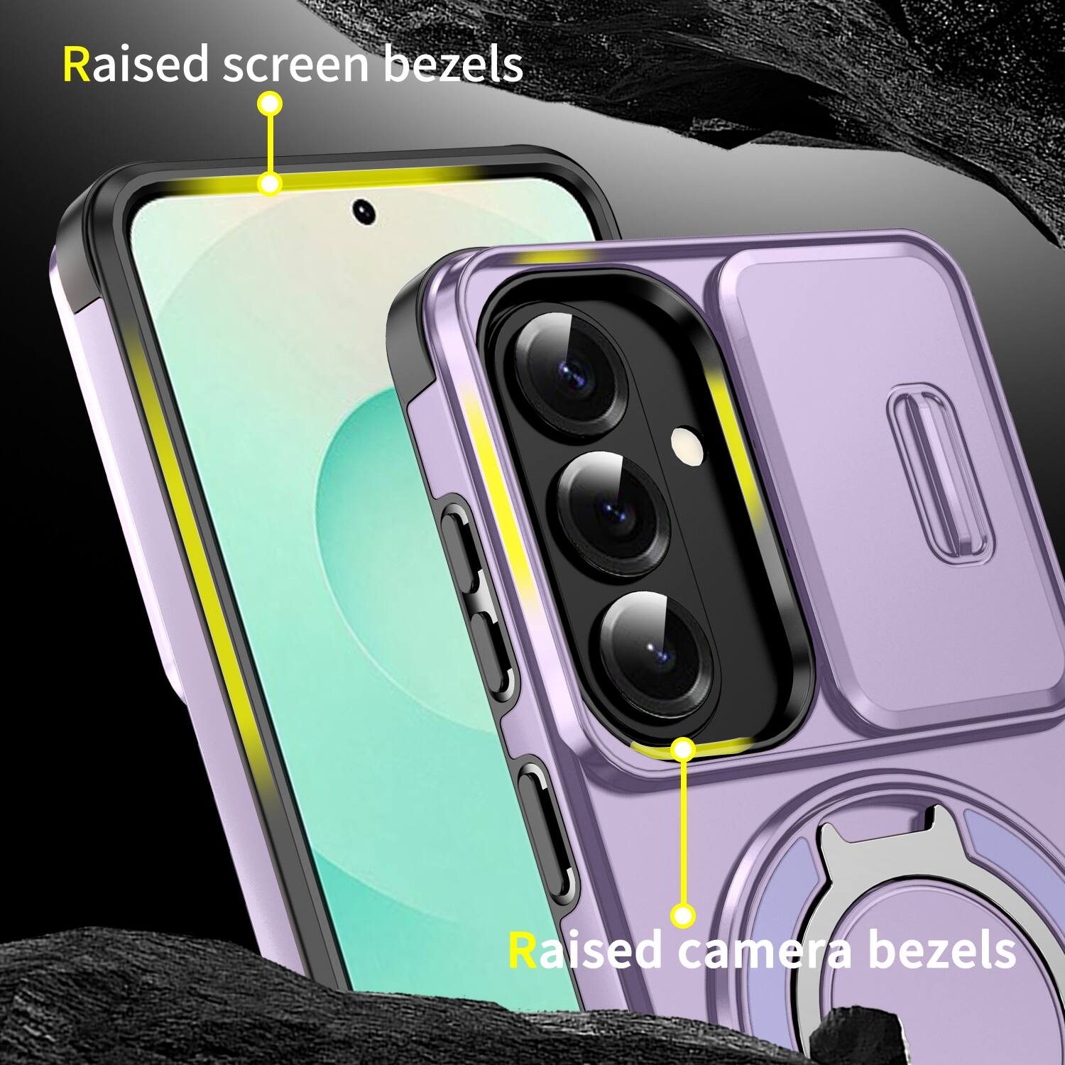 Raised screen bezels  
Raised camera bezels