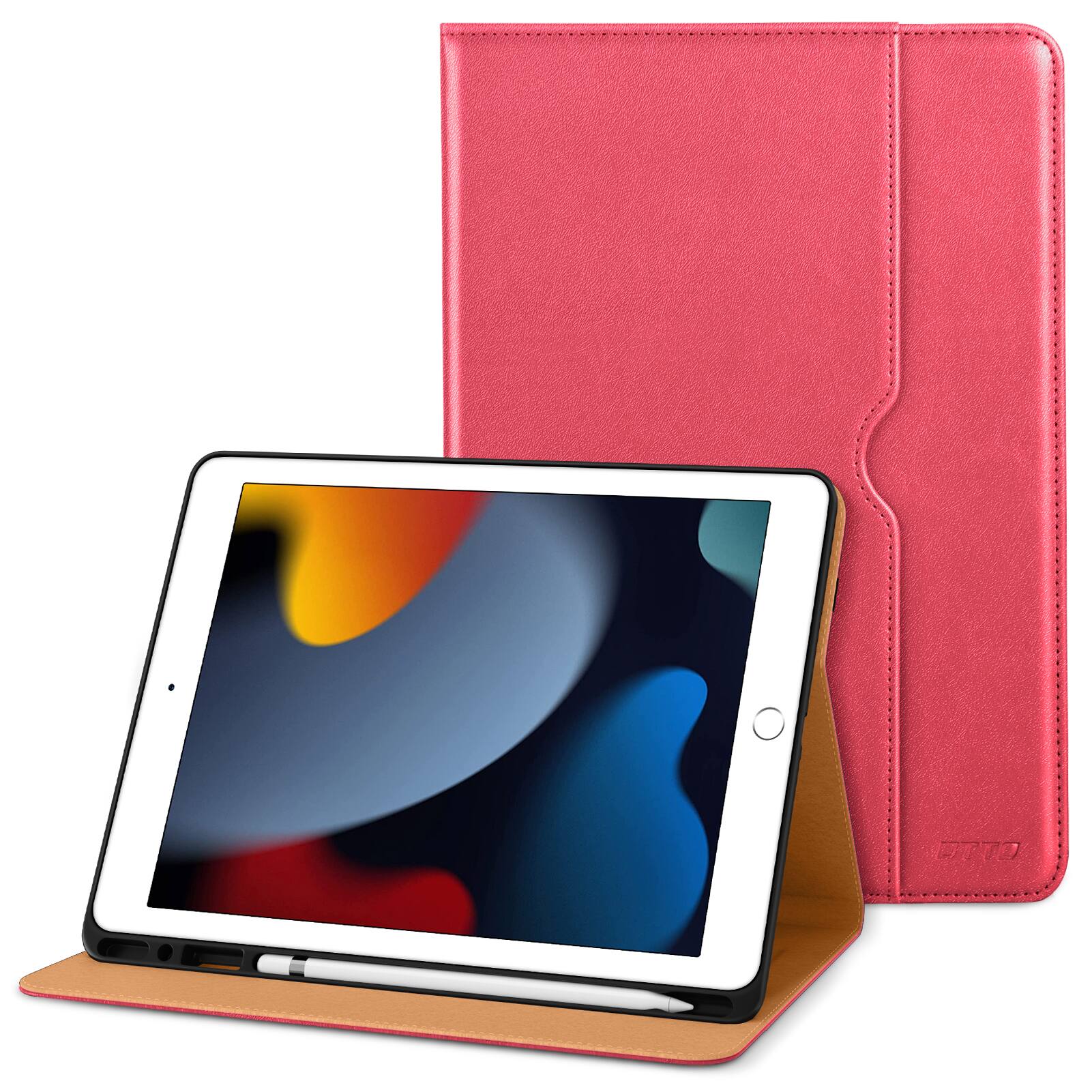Front. DTTO - ​Case for iPad 9th/8th/7th Generation 10.2 Inch 2021/2020/2019, Premium Leather Folio Stand - Auto Wake/Sleep - Watermelon Red.