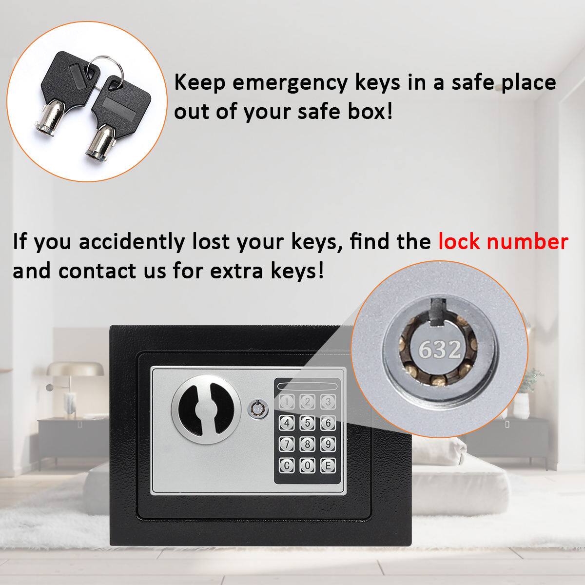 Keep emergency keys in a safe place out of your safe box!

If you accidentally lost your keys, find the lock number and contact us for extra keys!

632