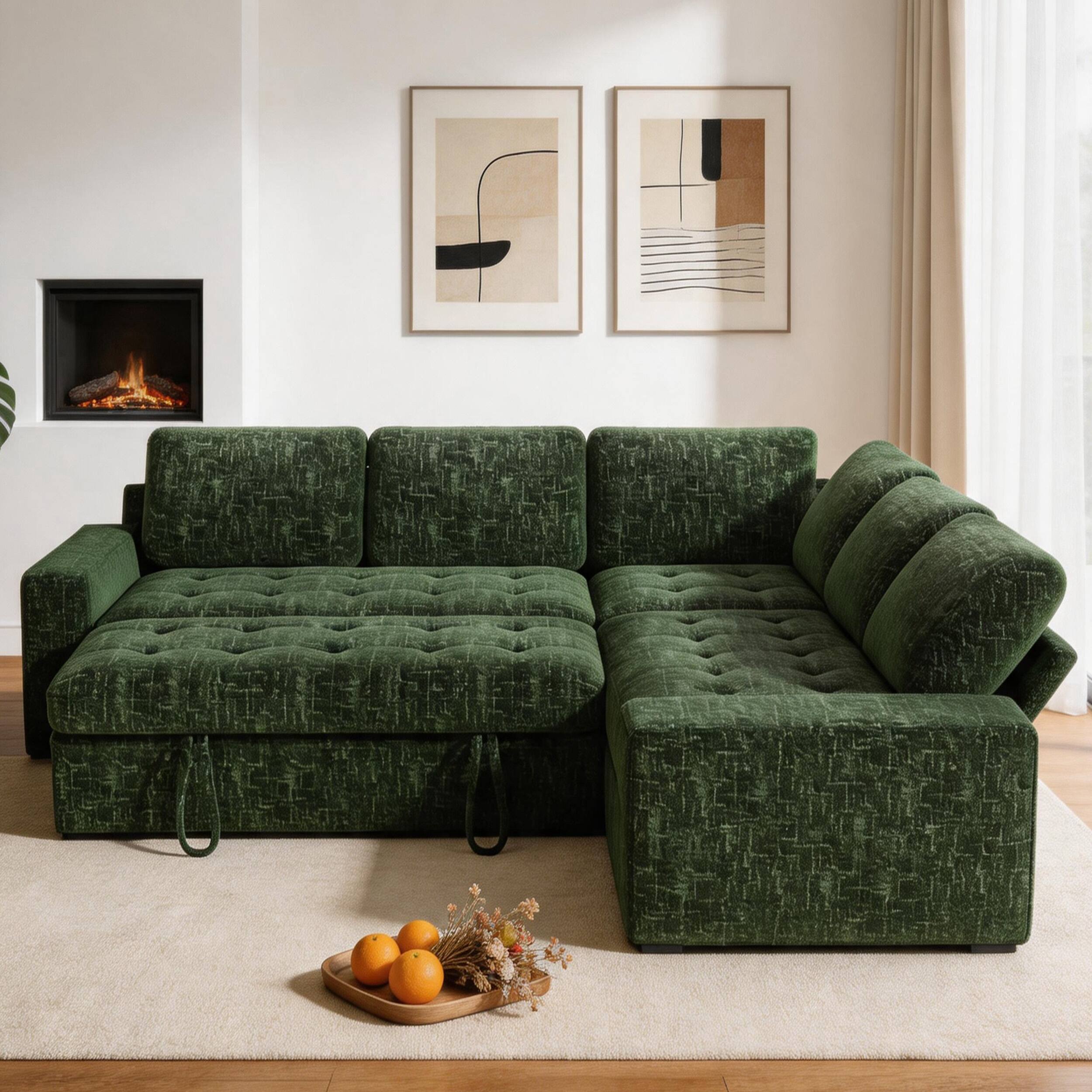 Left. Dyonery - 80" 5 Seat Modular Sectional Couch Sofa with Pull Out Bed/USB Ports/Adjustable Backrest/Storage Seats for Living Room - Green.
