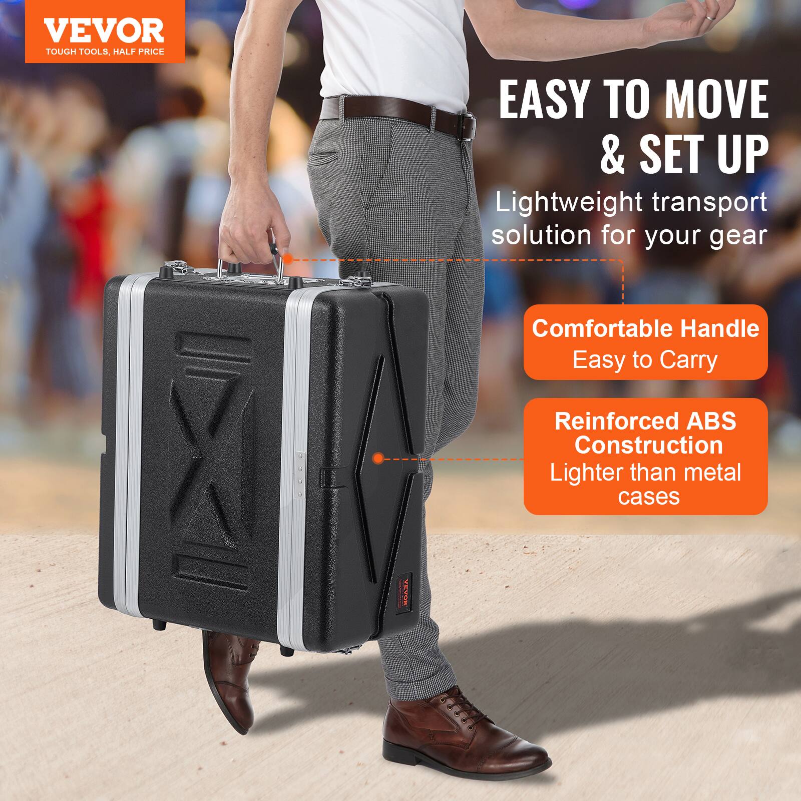 VEVOR  
TOUGH TOOLS, HALF PRICE  

EASY TO MOVE & SET UP  
Lightweight transport solution for your gear  

Comfortable Handle  
Easy to Carry  

Reinforced ABS Construction  
Lighter than metal cases