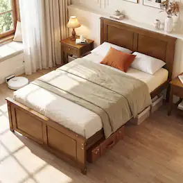 Gymax - Twin Size Bed Frame Farmhouse Wooden Platform Bed w/ Headboard Walnut - Brown