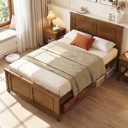 Front. Gymax - Gymax Twin Size Bed Frame Farmhouse Wooden Platform Bed w/ Headboard Walnut - Brown.