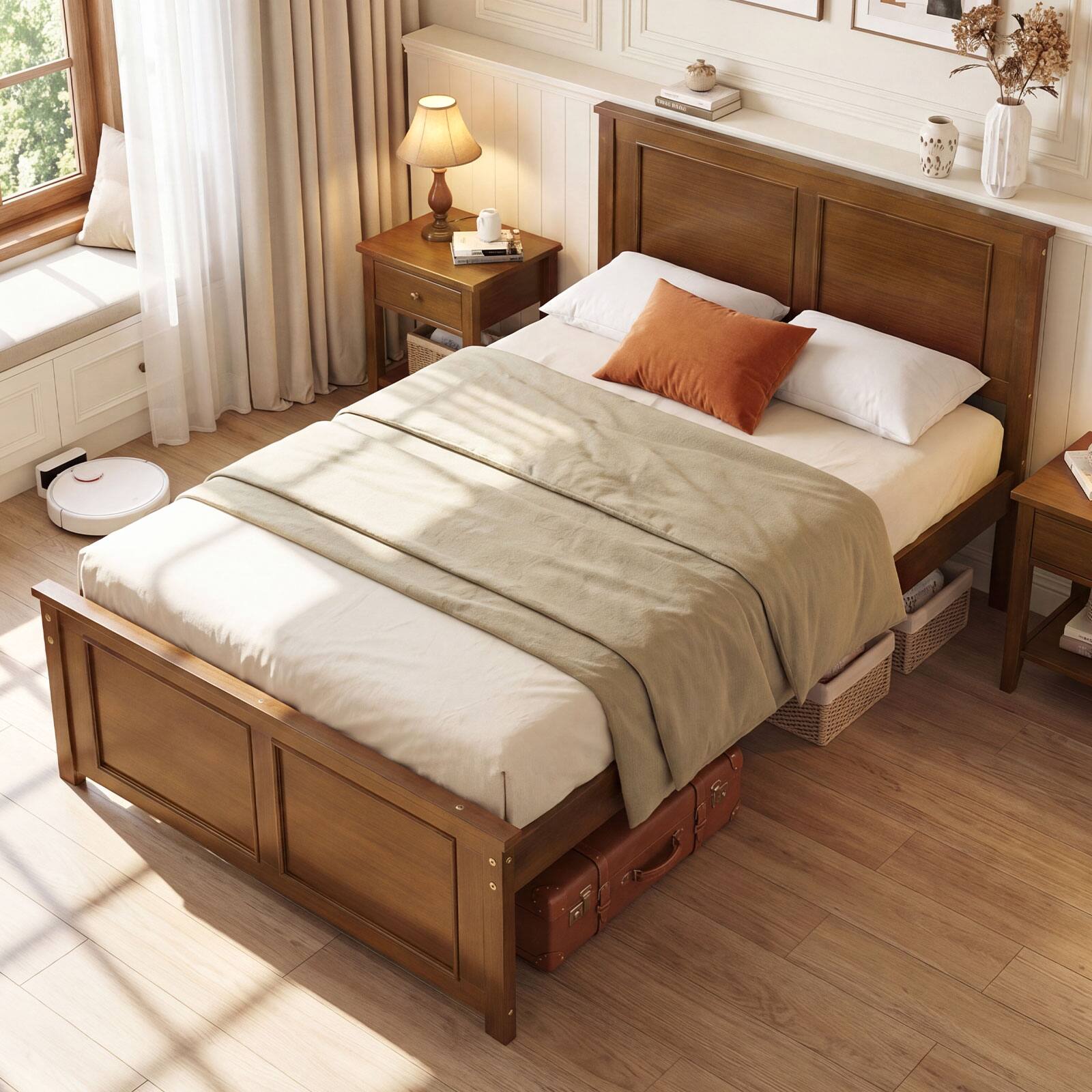Front. Gymax - Gymax Twin Size Bed Frame Farmhouse Wooden Platform Bed w/ Headboard Walnut - Brown.