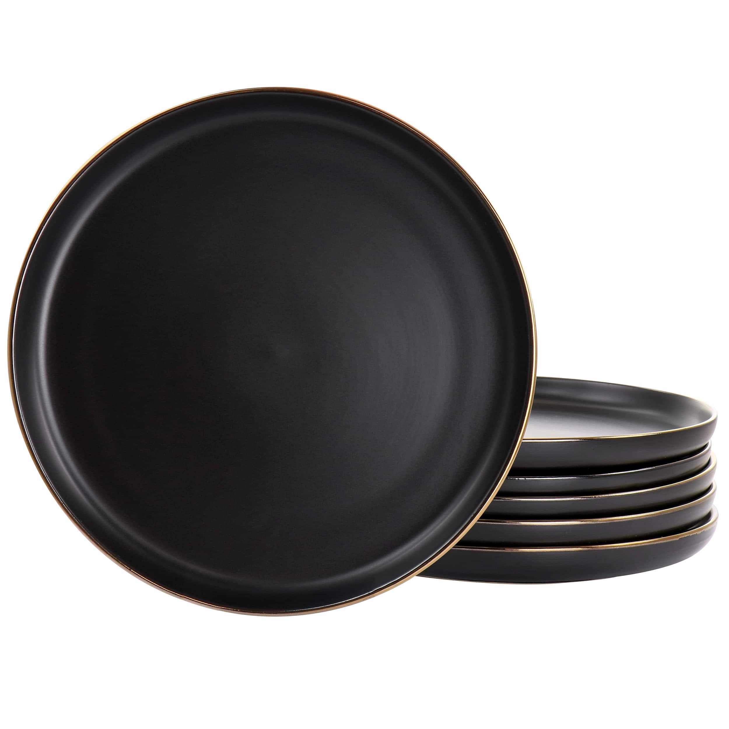 Front. Elama - Elama Paul 6 Piece Stoneware Dinner Plate Set in Matte Black with Gold Rim - Black.