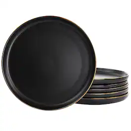 Elama - Paul 6 Piece Stoneware Dinner Plate Set in Matte with Gold Rim - Black