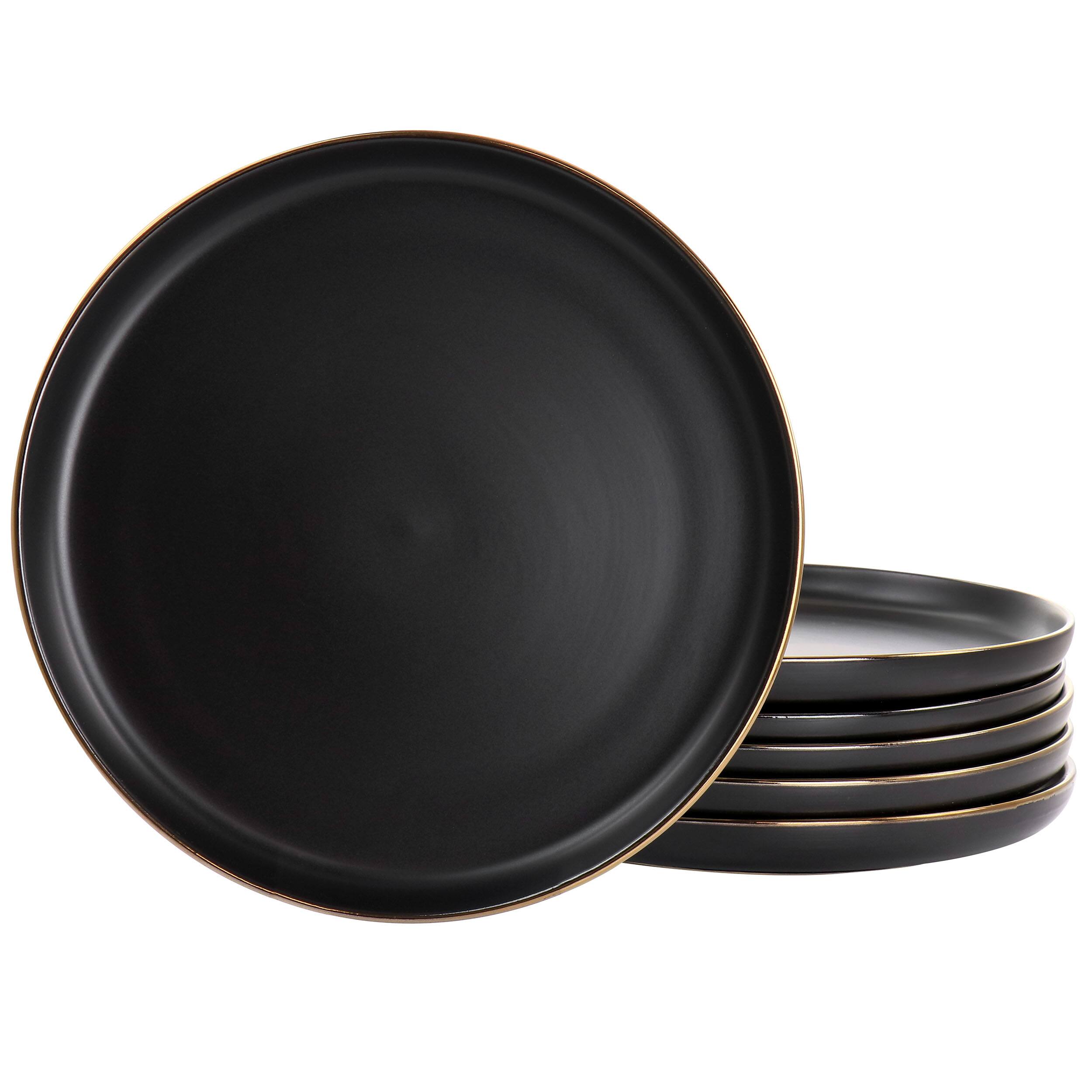 Front. Elama - Elama Paul 6 Piece Stoneware Dinner Plate Set in Matte Black with Gold Rim - Black.
