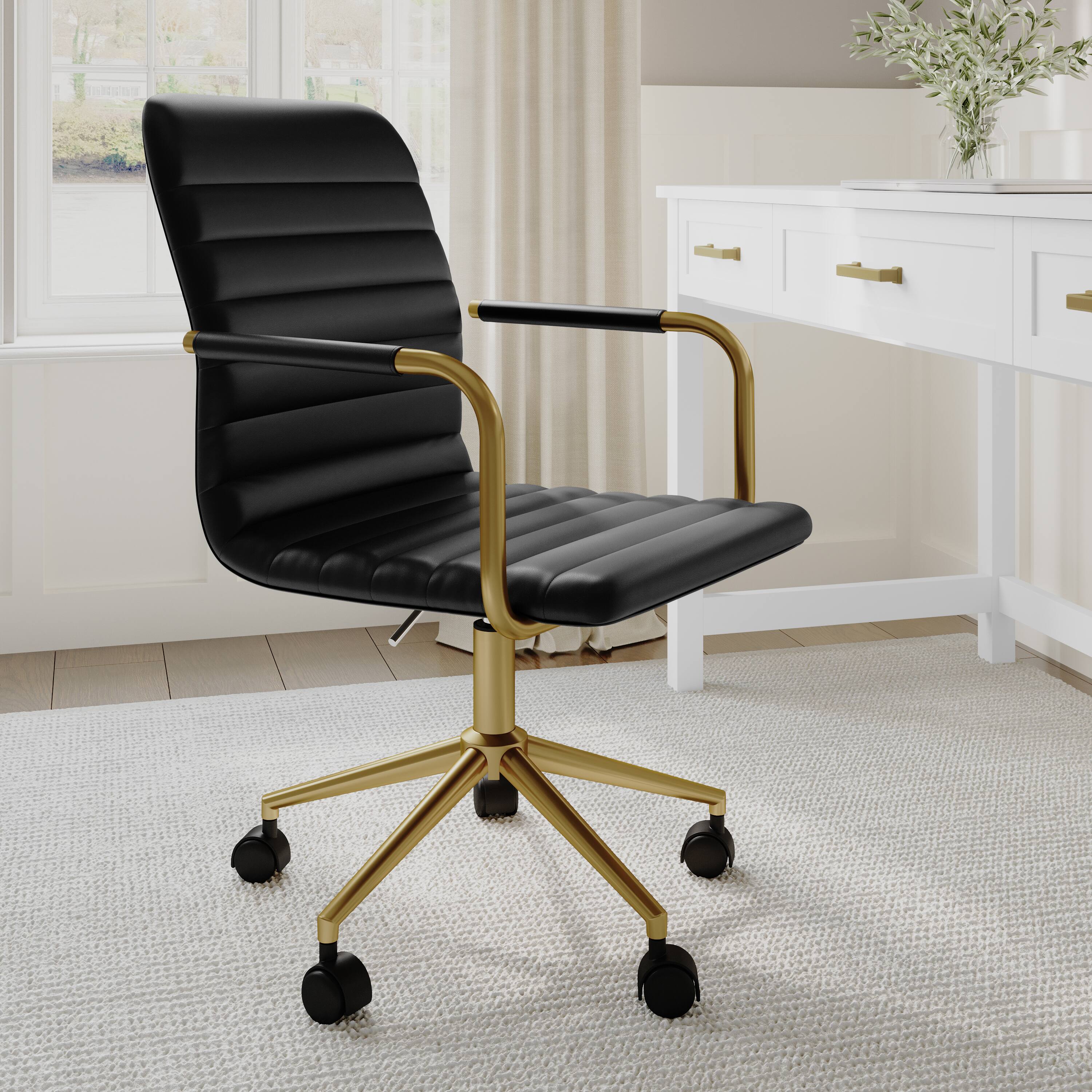 Alt View 4. Martha Stewart - Taytum Upholstered Swivel Home Office Chair with Integrated Armrests - Black Faux Leather/Polished Brass Frame.