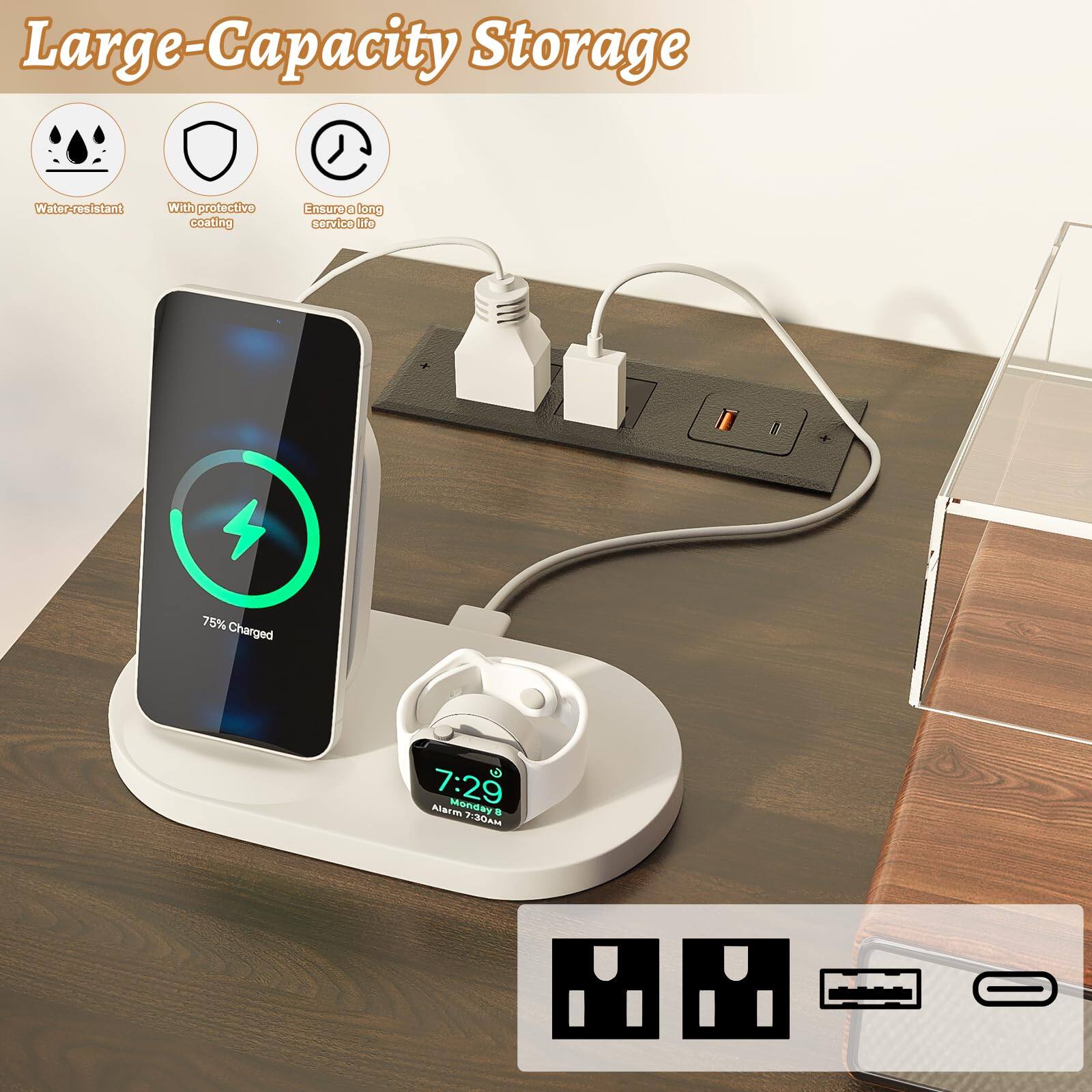 Large-Capacity Storage  
Water-resistant  
With protective coating  
Ensure a long service life  

75% Charged  

7:29  
Monday  
Alarm: 7:00 AM  

MADE IN