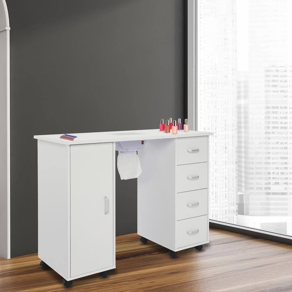 Left. Winado - Manicure Nail Table Manicure Station Nail Desk Spa Salon Desk with Dust Fan & Drawers & Cabinet & Wheels for Beauty Home - White.