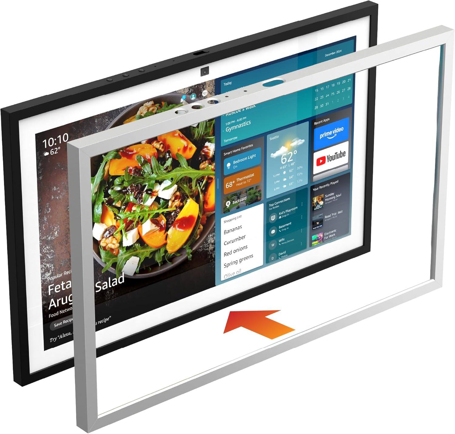 Sure, here is the corrected and grouped text from the image:

---

**Top Left:**
- 10:10
- 62°

**Main Image:**
- Popular Recipe
- Feta Arugula Salad
- Food Network
- Save Recipe
- Try "Alexa, play the recipe"

**Right Sidebar:**
- Gymnastics
- Smart Home Favorites
- Bedroom Light
- 68° Thermostat
- Backyard
- Top Connection
- Kitchen
- Bedroom
- Living Room
- Prime Video
- YouTube
- Your Recently Played
- Sunny Side Up
- David
- David

**Ingredients:**
- Bananas
- Cucumber
- Red onions
- Spring greens
- Live oil

**Bottom Right:**
- 20%
- 19
- 20
- 22
- 20
- 1
- 1
- 2
- 5
- 1
- T
- 1
- It
- 22
- 20
- 1
- 1
- It
- AN
- -o
- video
- prime
- YouTube