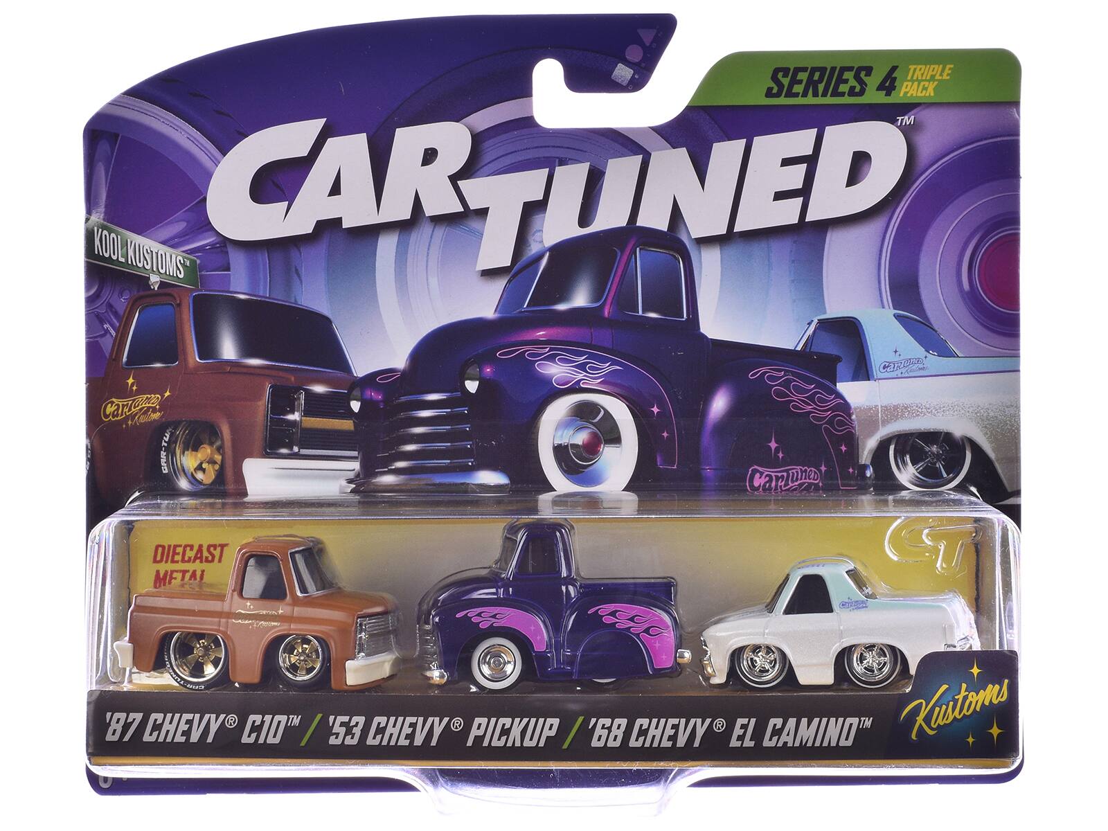 Sure, here is the corrected and grouped text from the image:

---

**CAR TUNED**

**SERIES 4 TRIPLE PACK**

**KOOL KUSTOMS**

**DIECAST METAL**

**'87 CHEVY C10™ / '53 CHEVY PICKUP / '68 CHEVY EL CAMINO™**

**Kustoms**

---

This text is organized to reflect the branding, series, and the specific models included in the pack.