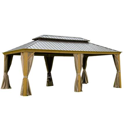 Front. Boyel Living - 14x20 FT Hardtop Metal Gazebo Galvanized Steel Double Roof Aluminum Frame Curtains Netting Wood Look - Yellow Brown.