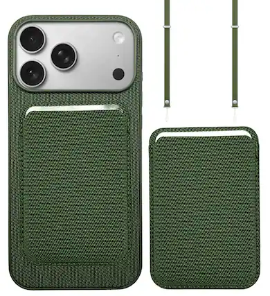 Front. Nakedcellphone - Woven Combo for iPhone 17 Pro - Tough Case + Magnetic Wallet + Crossbody Strap (Compatible with MagSafe) - Green.