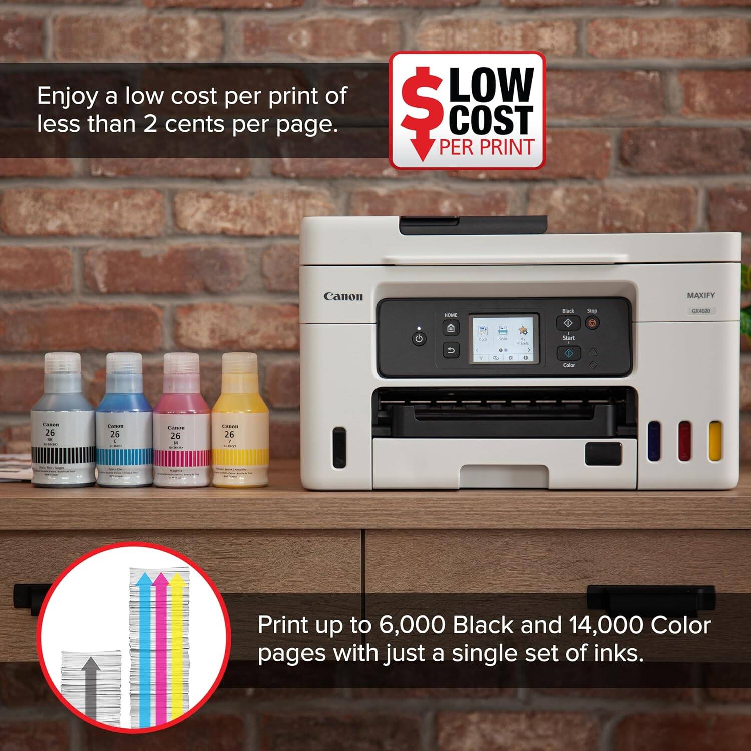 Enjoy a low cost per print of less than 2 cents per page.

LOW COST PER PRINT

Print up to 6,000 Black and 14,000 Color pages with just a single set of inks.