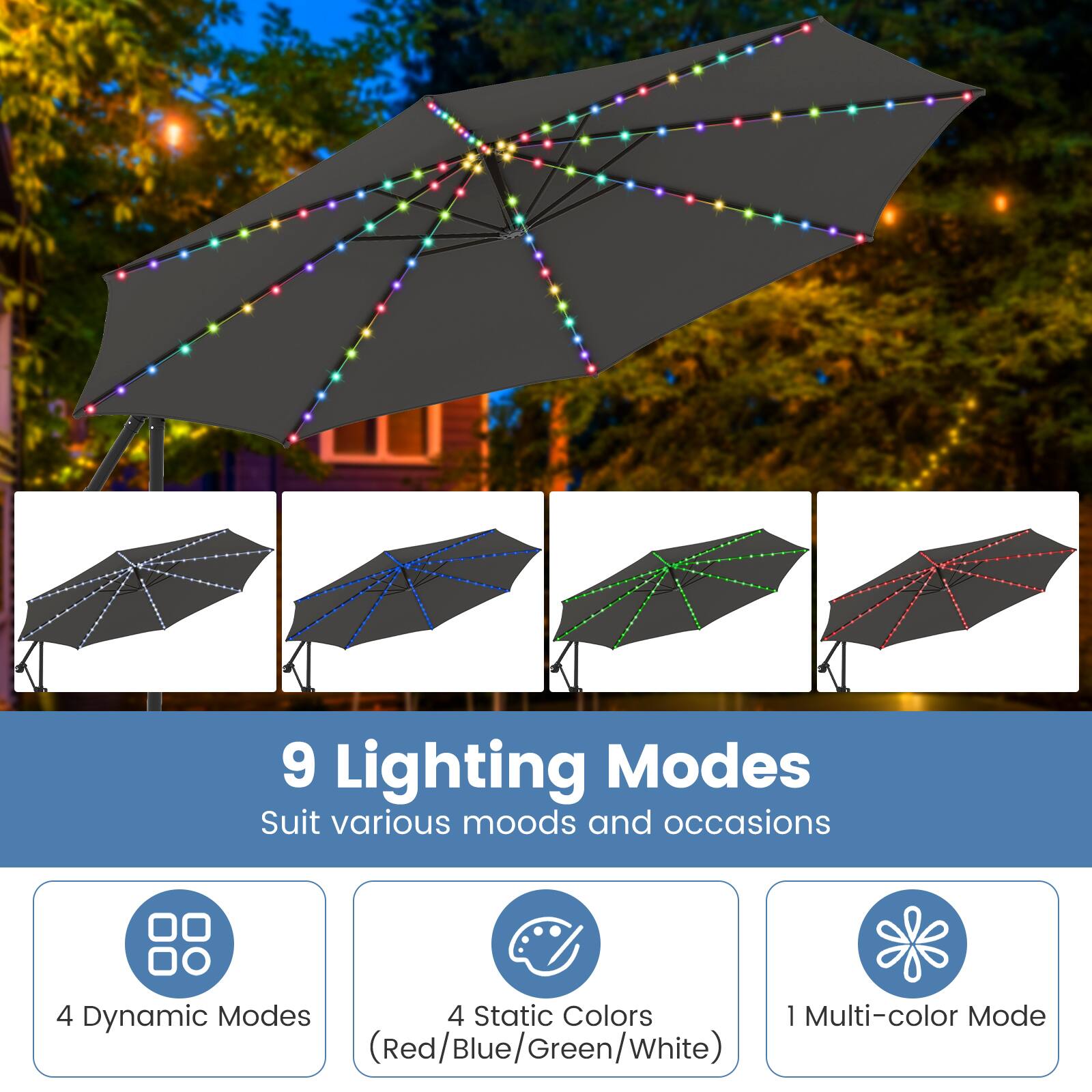 9 Lighting Modes  
Suit various moods and occasions  

4 Dynamic Modes  
4 Static Colors (Red/Blue/Green/White)  
1 Multi-color Mode