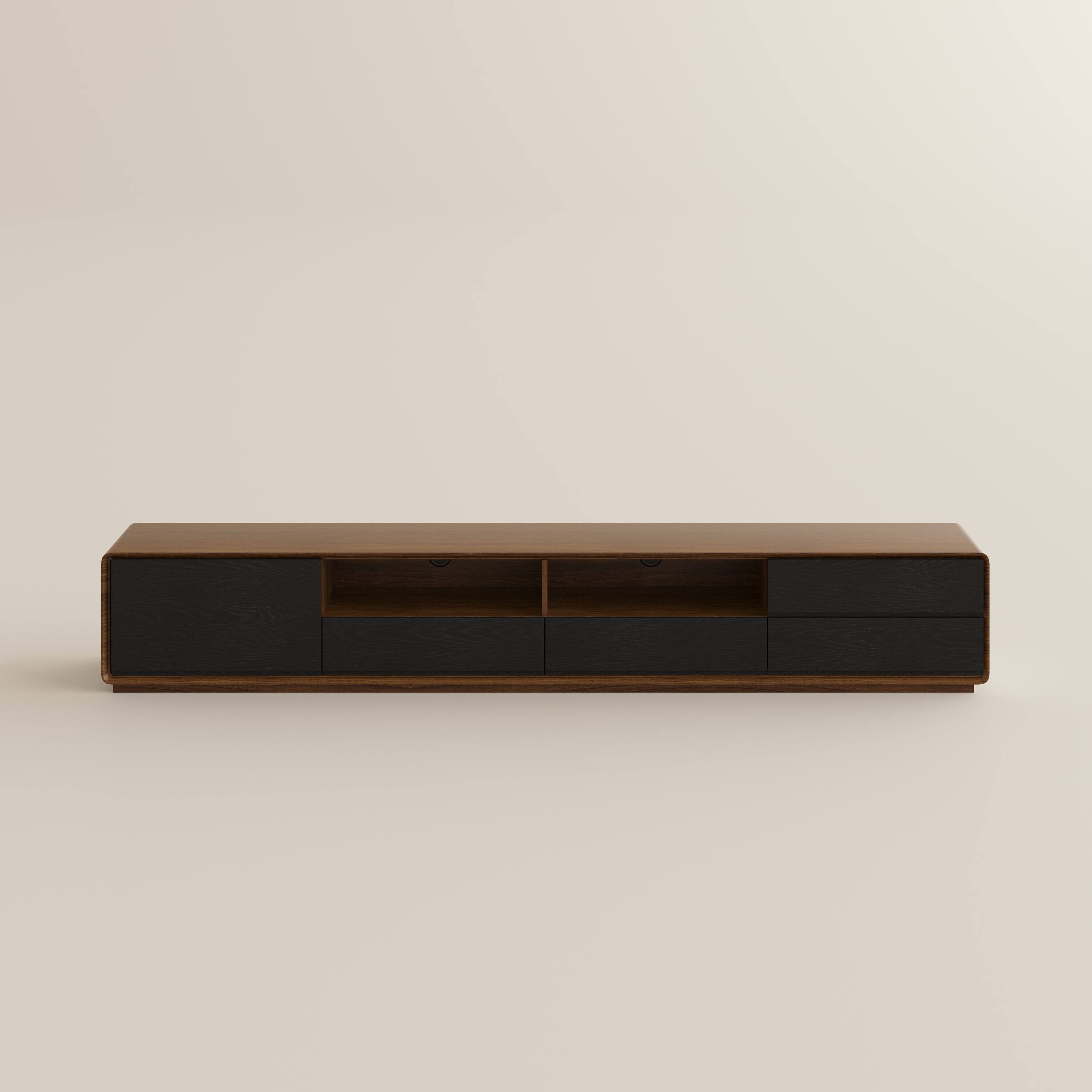 Alt View 8. POVISON - 94" Fully-assembled Modern Wood Black TV Stand, Lowline Media Console with 4 Drawers, Open Storage Cabinet - Dark Wood & Black.